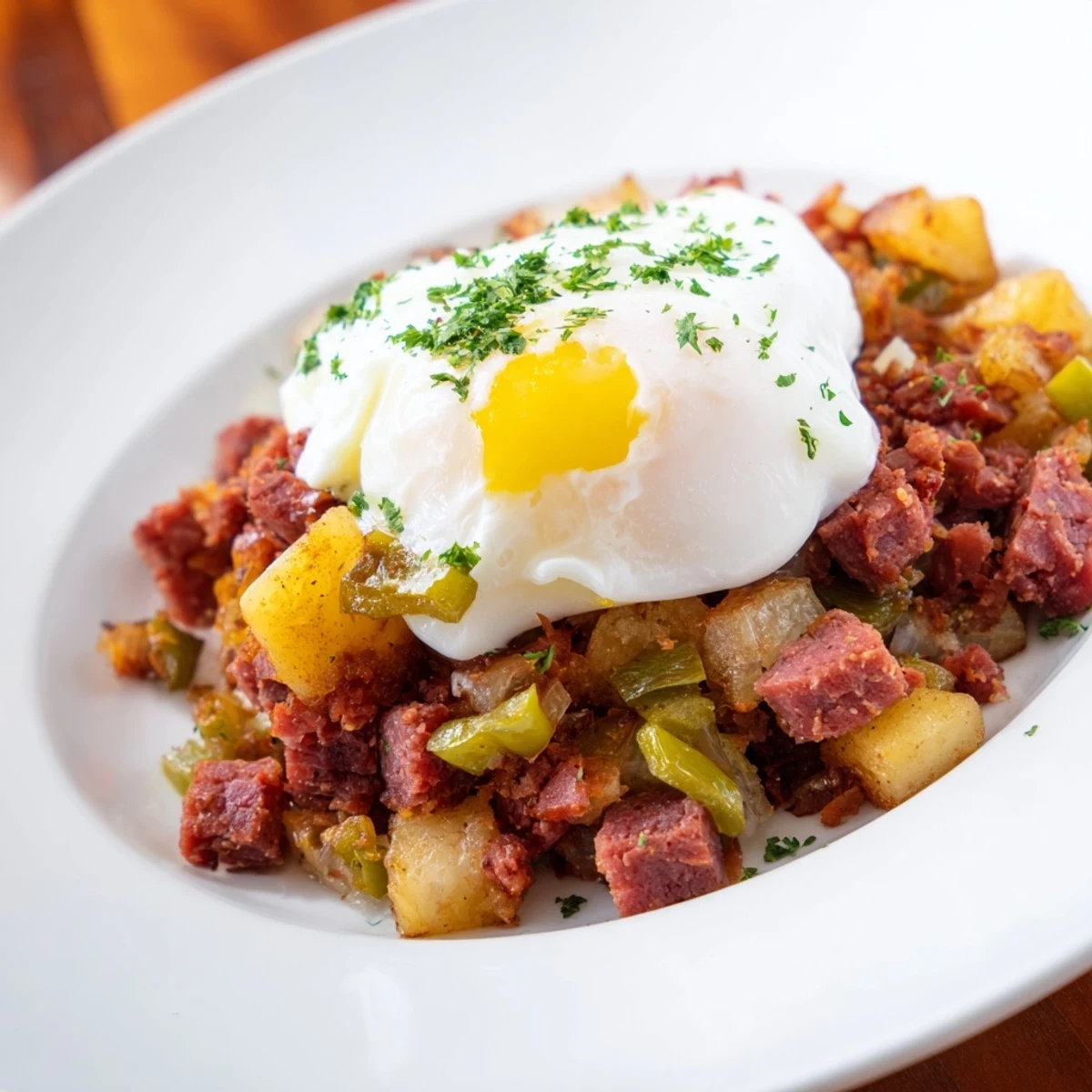 Golden crispy corned beef hash with tender potatoes and onions, topped with a soft poached egg for a hearty American breakfast.
