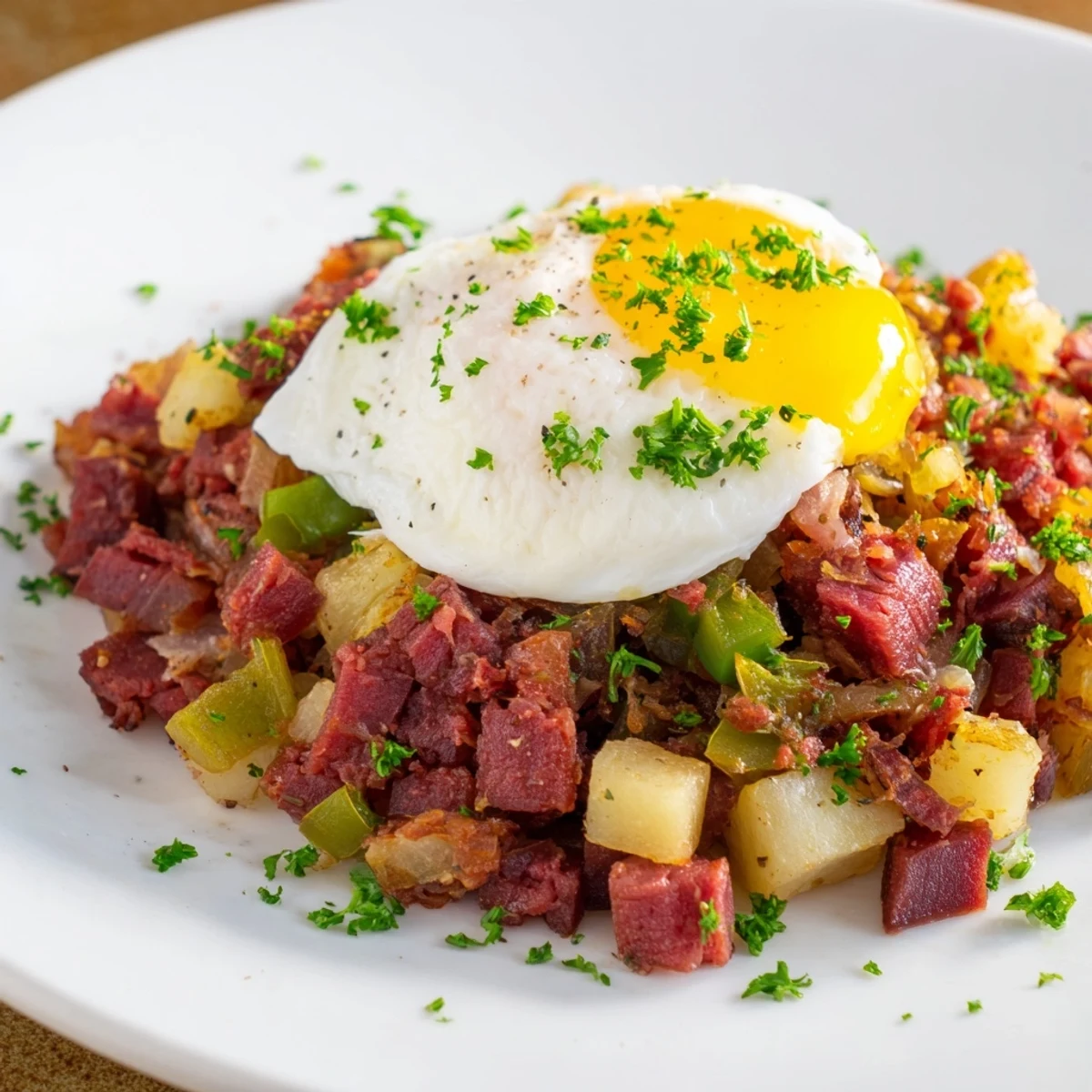 Close-up of Corned Beef Hash with Poached Eggs, glistening with a runny yolk, fresh parsley garnish, and a side of hot sauce.