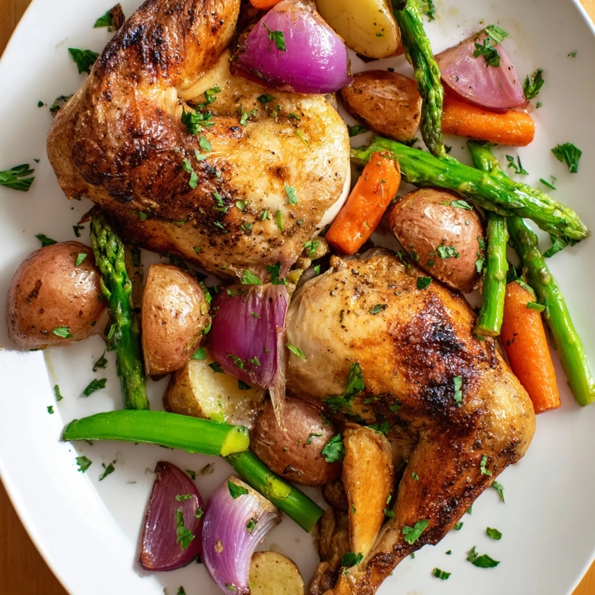A close-up of Roasted Chicken with Spring Vegetables, golden skin and tender asparagus alongside.