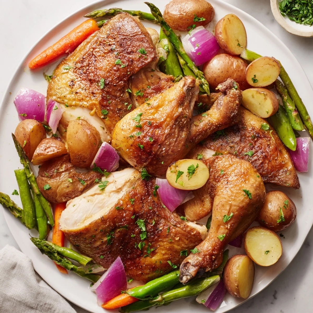 In the photo, Roasted Chicken with Spring Vegetables sits beside glazed carrots and peas.