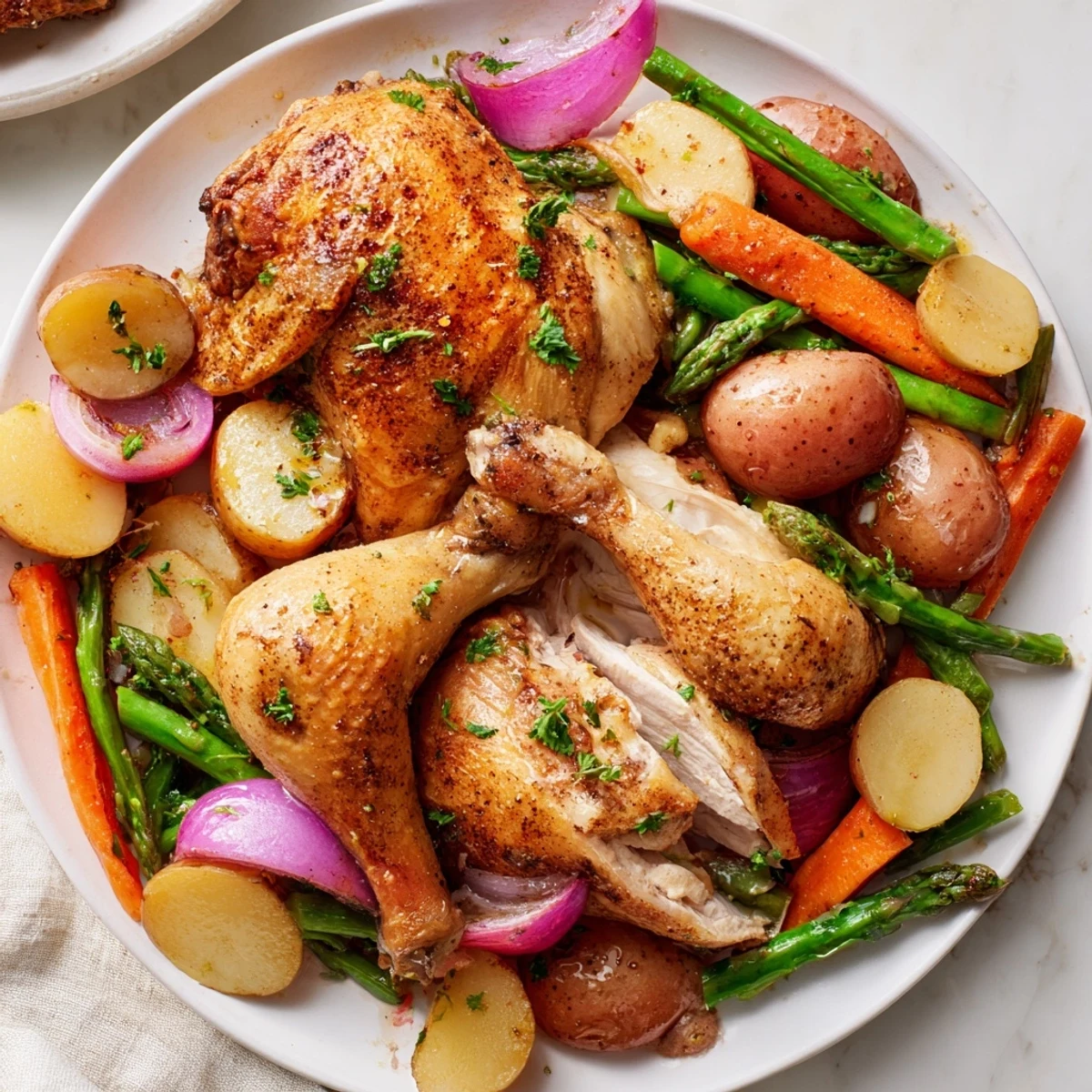 Golden Roasted Chicken with Spring Vegetables plated on a rustic board for family dinner.