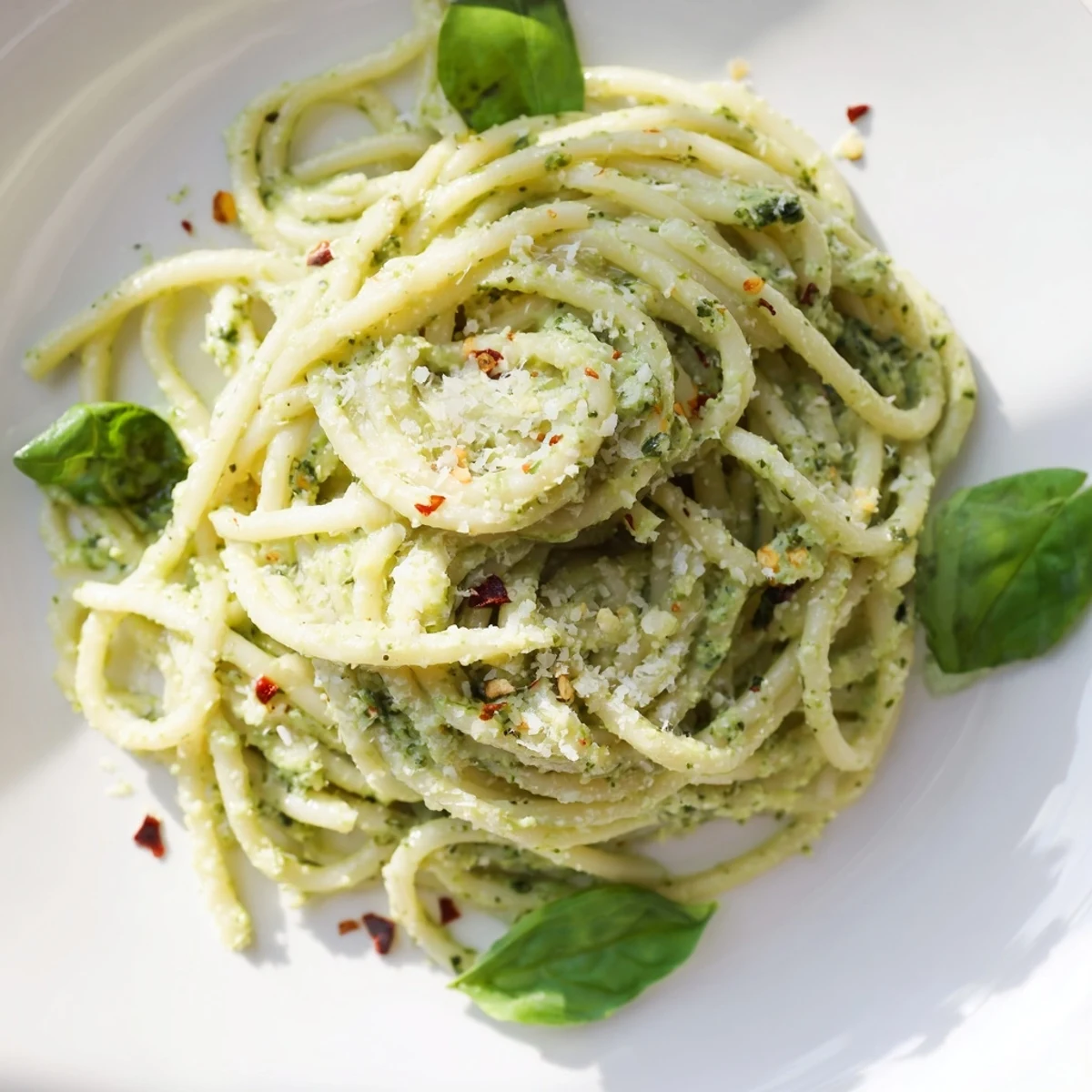 Creamy avocado and spinach pasta tossed in a vibrant green sauce with bright lemon zest.