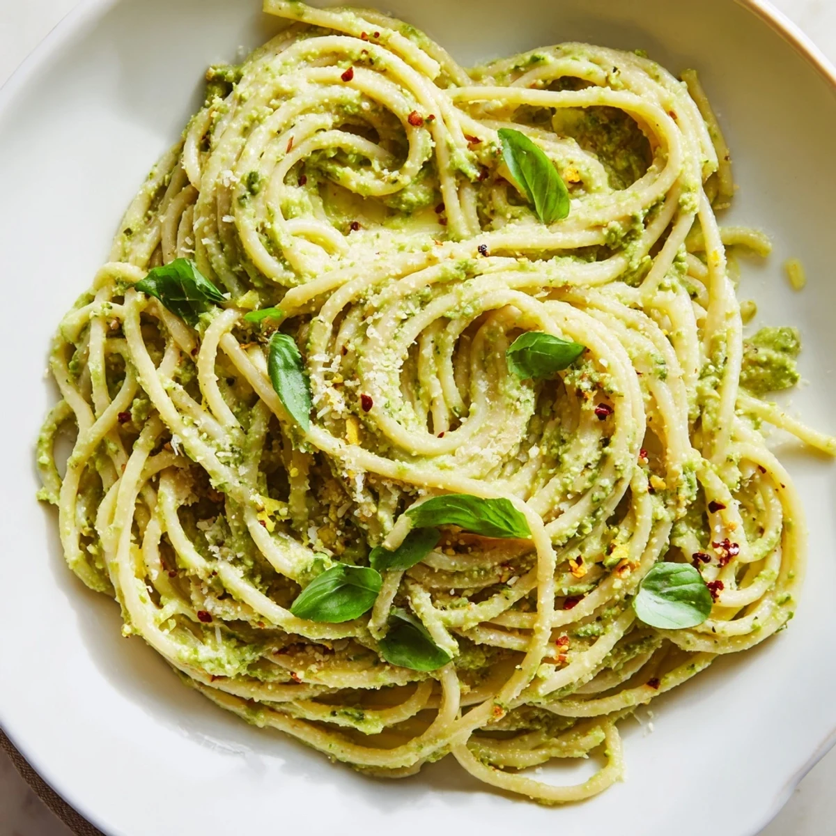 Linguine coated in a silky avocado spinach pasta sauce, garnished with fresh basil and Parmesan.