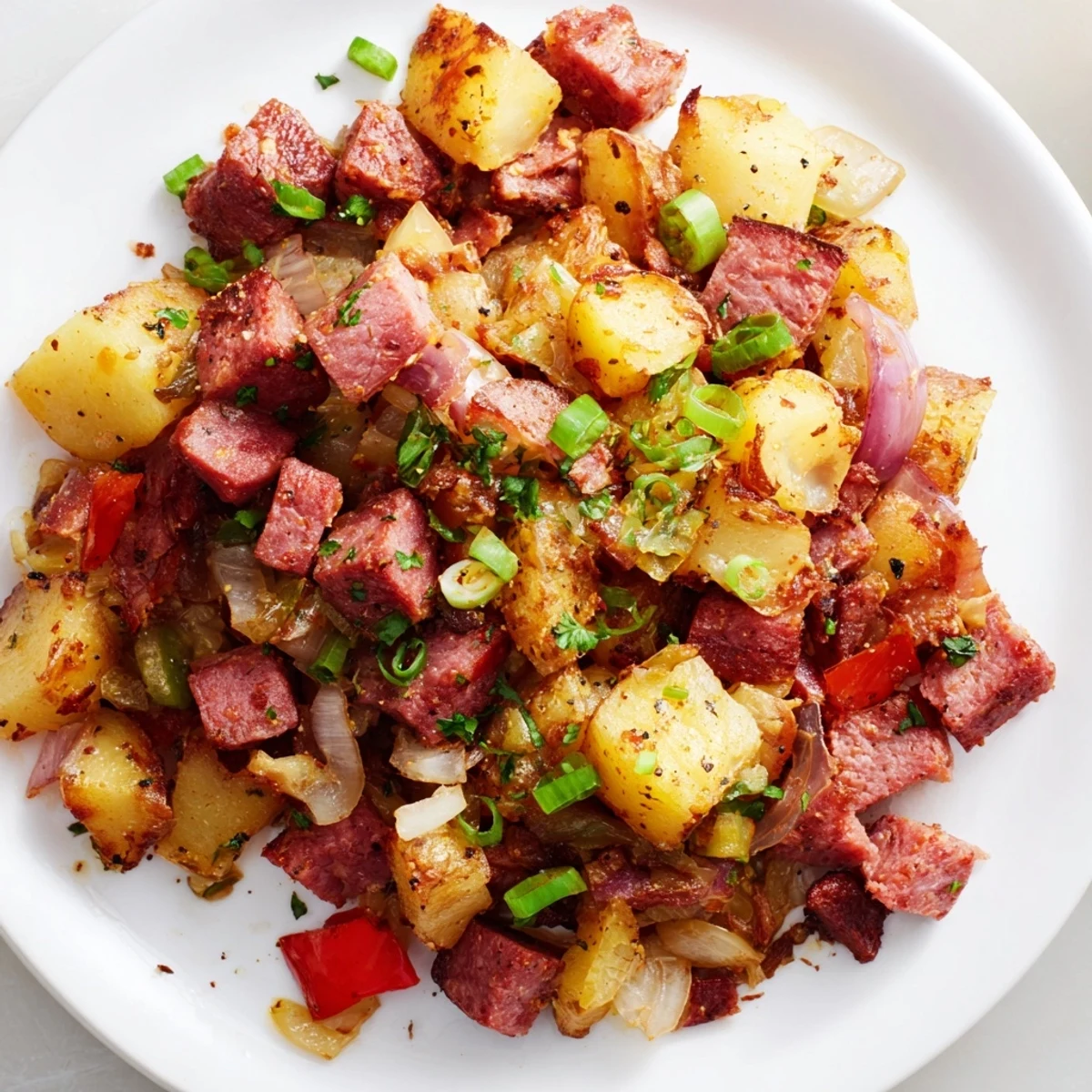 Close-up of Corned Beef Hash with Crispy Potatoes revealing caramelized edges, diced beef, and sautéed vegetables in a cast-iron pan.