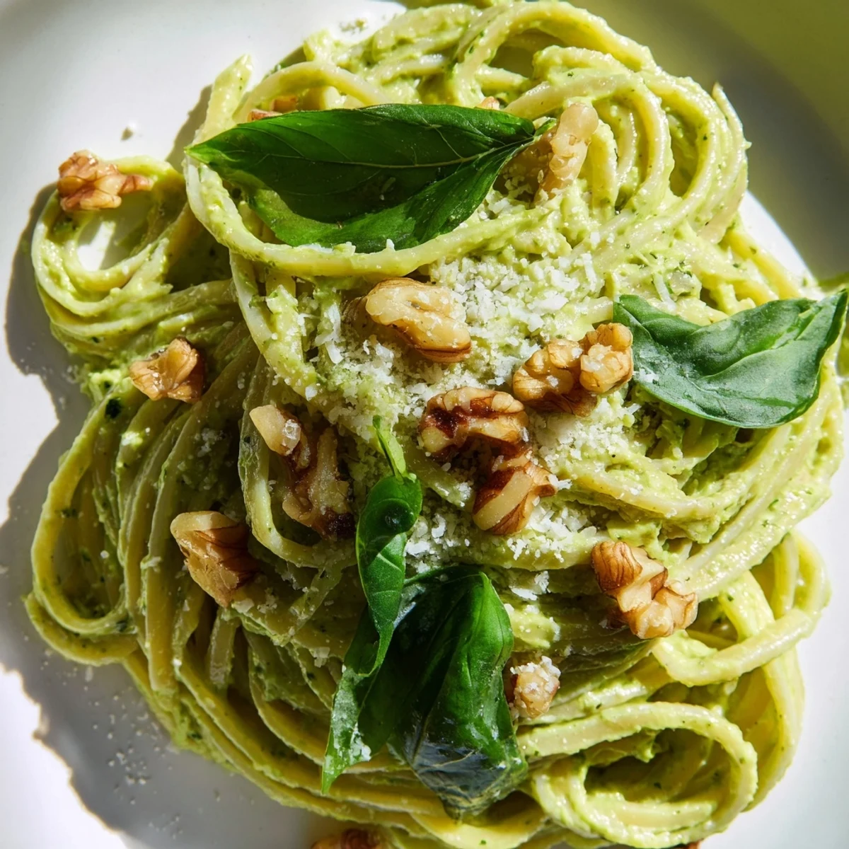 Steaming plate of Creamy Avocado and Spinach Pasta with Walnuts next to a glass of white wine, ready to eat.