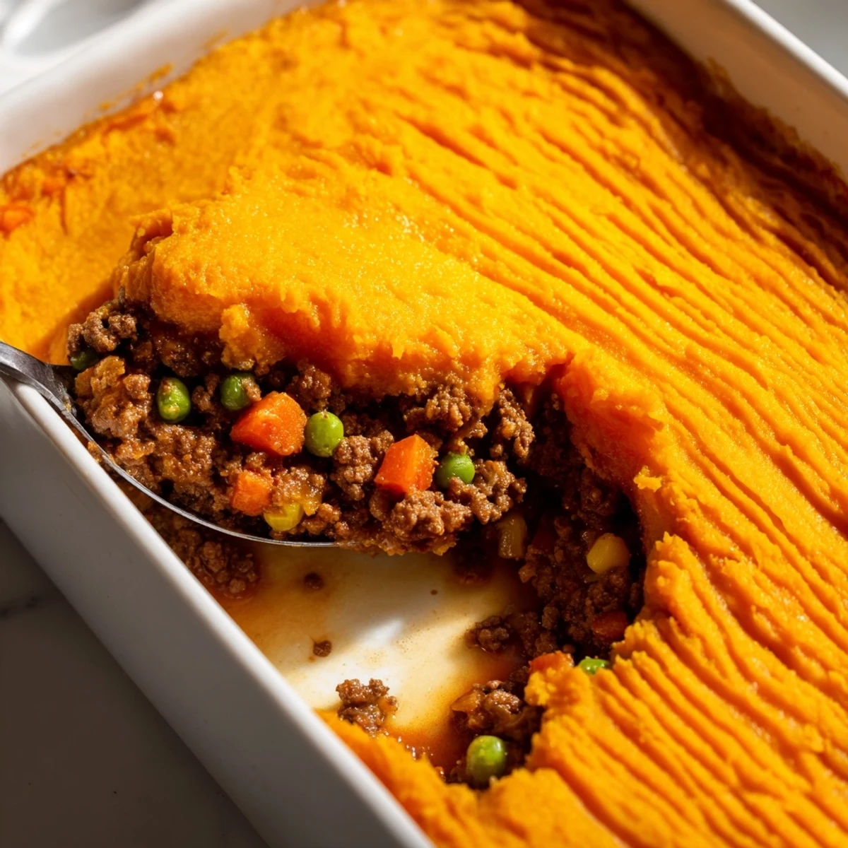 Golden-brown Beef Shepherds Pie with Sweet Potato Mash bubbling from a 9x13 inch baking dish, ready to serve.