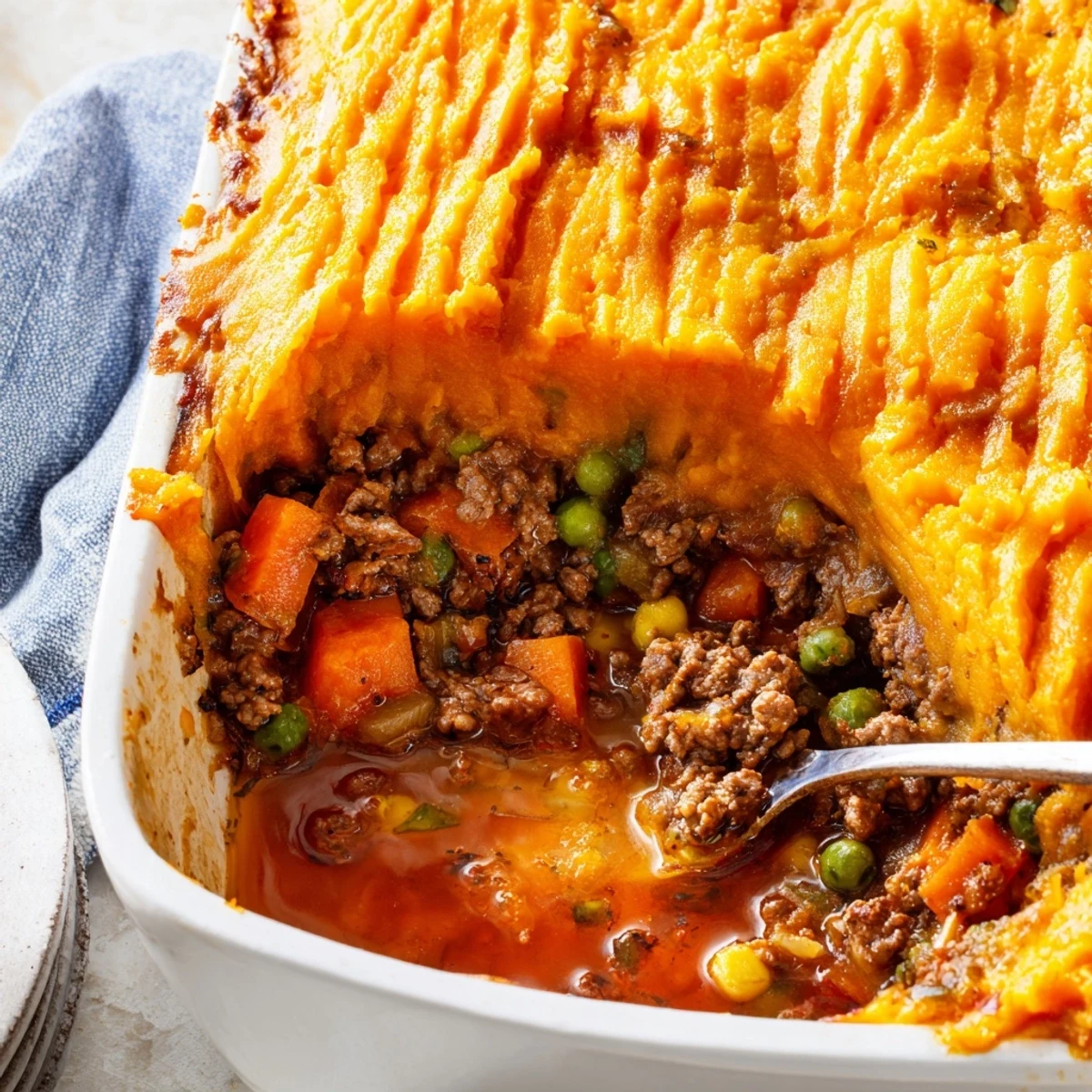 Creamy mashed sweet potatoes topping savory beef filling for Beef Shepherds Pie, garnished with fresh thyme sprigs.
