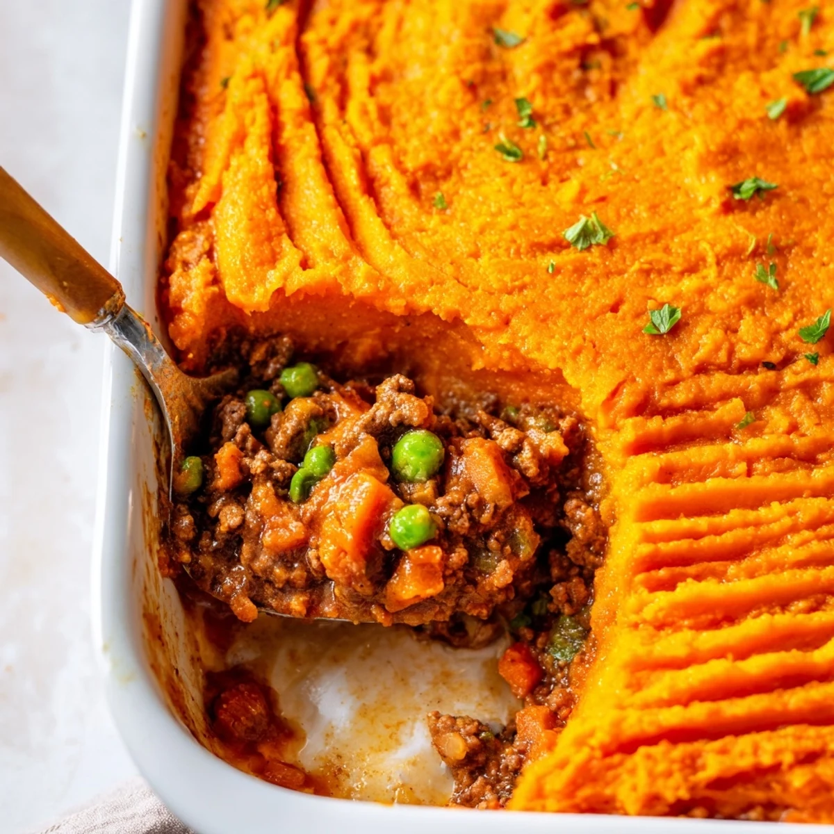Family-style Beef Shepherds Pie with Sweet Potato Mash served alongside green beans on a rustic wooden table.