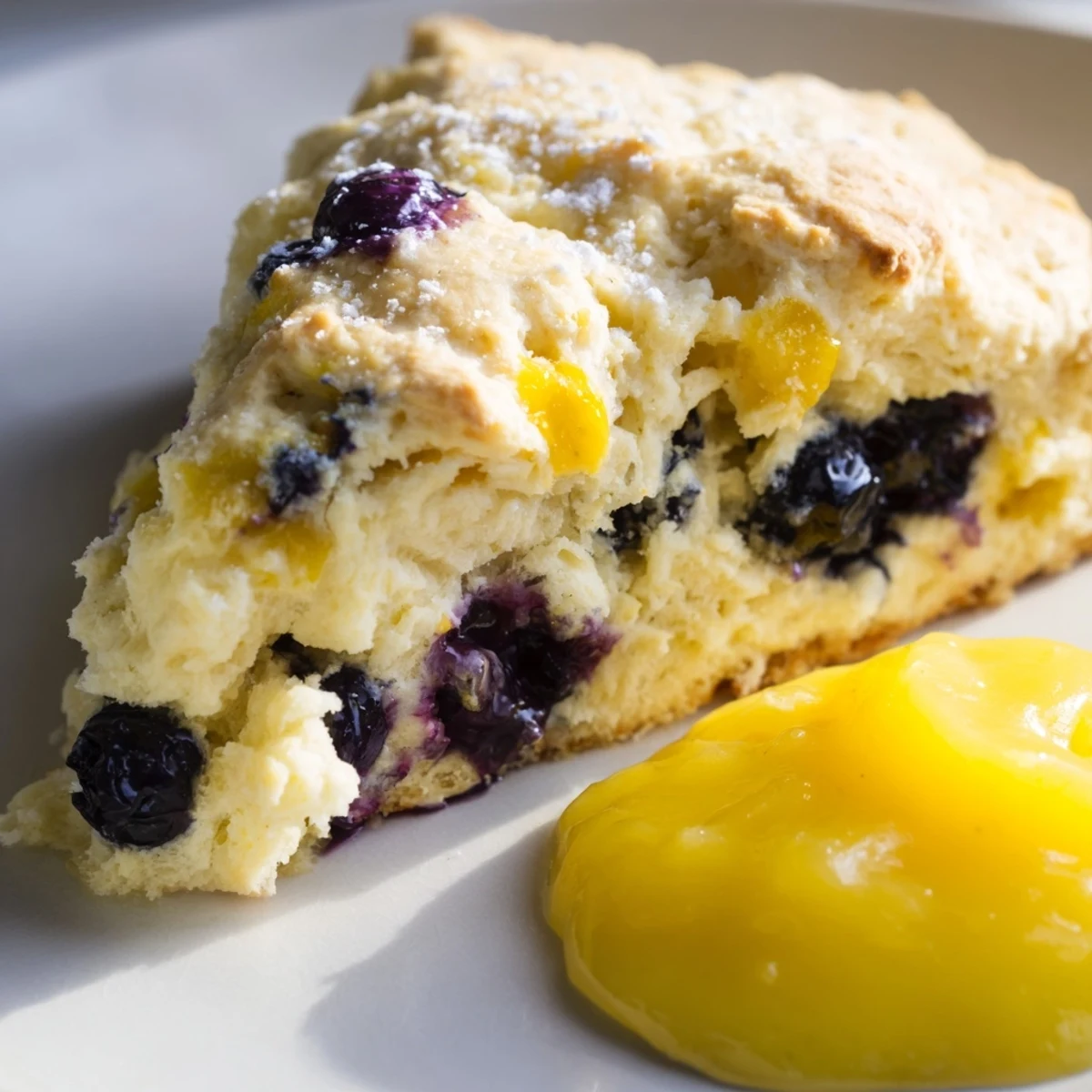Golden-brown Lemon Blueberry Scones with Lemon Curd stacked on a wooden board with fresh berries and lemon slices nearby.