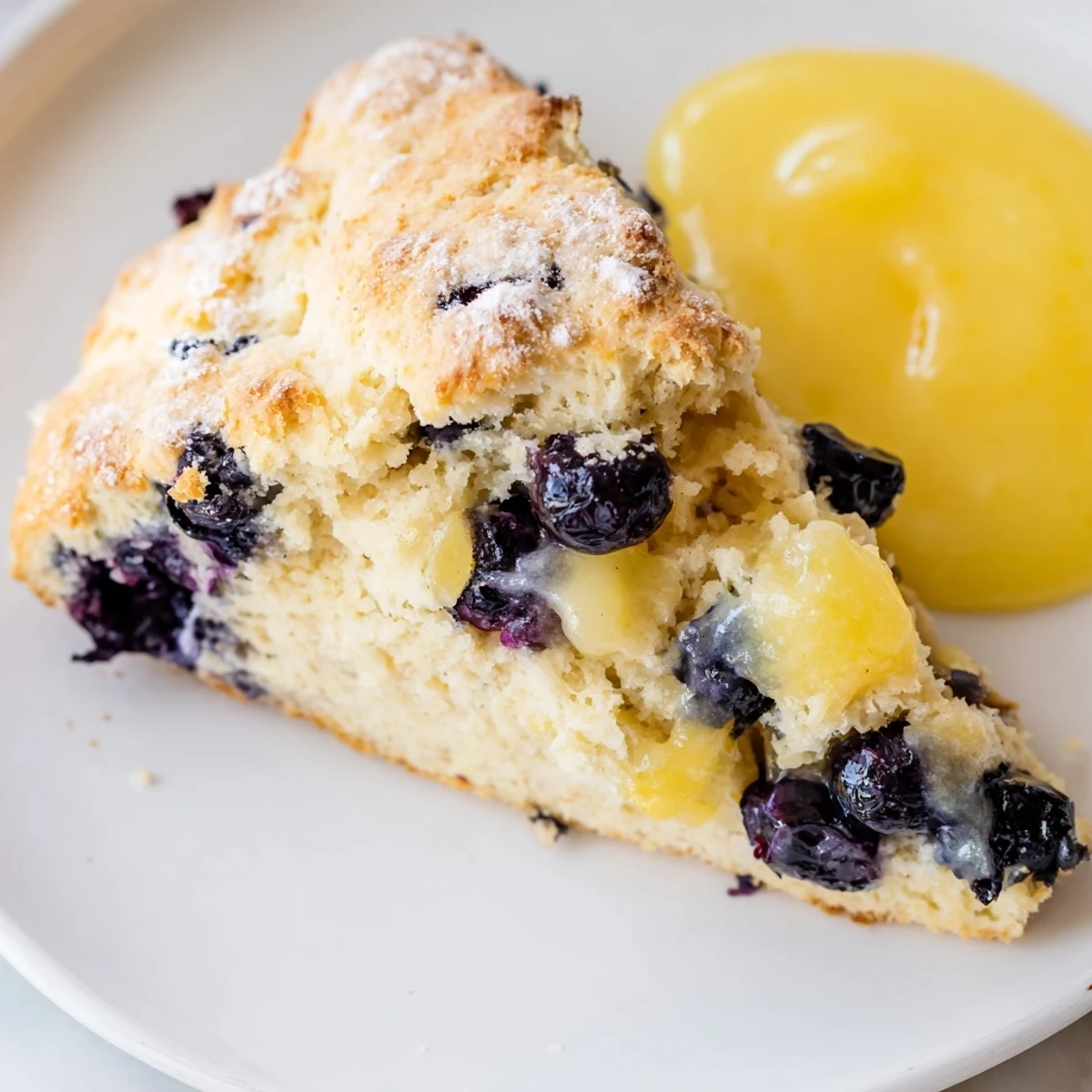 Close-up of a sliced Lemon Blueberry Scone with Lemon Curd revealing juicy blueberries and a bright, tangy filling.