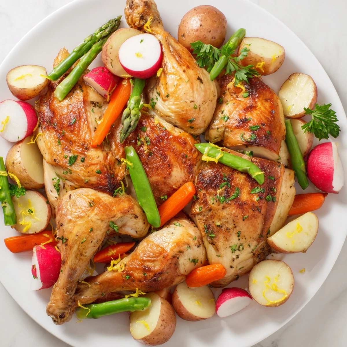 Juicy roasted chicken with tender spring vegetables and fresh herbs for a family meal.  