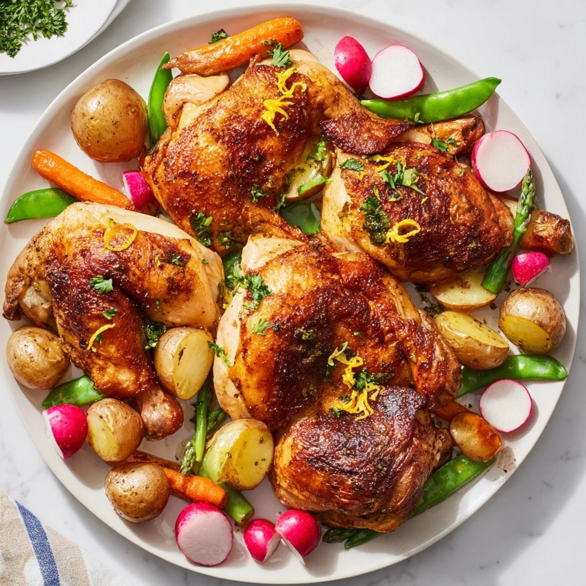 A plated serving of roasted chicken with spring vegetables and herbs ready to eat.
