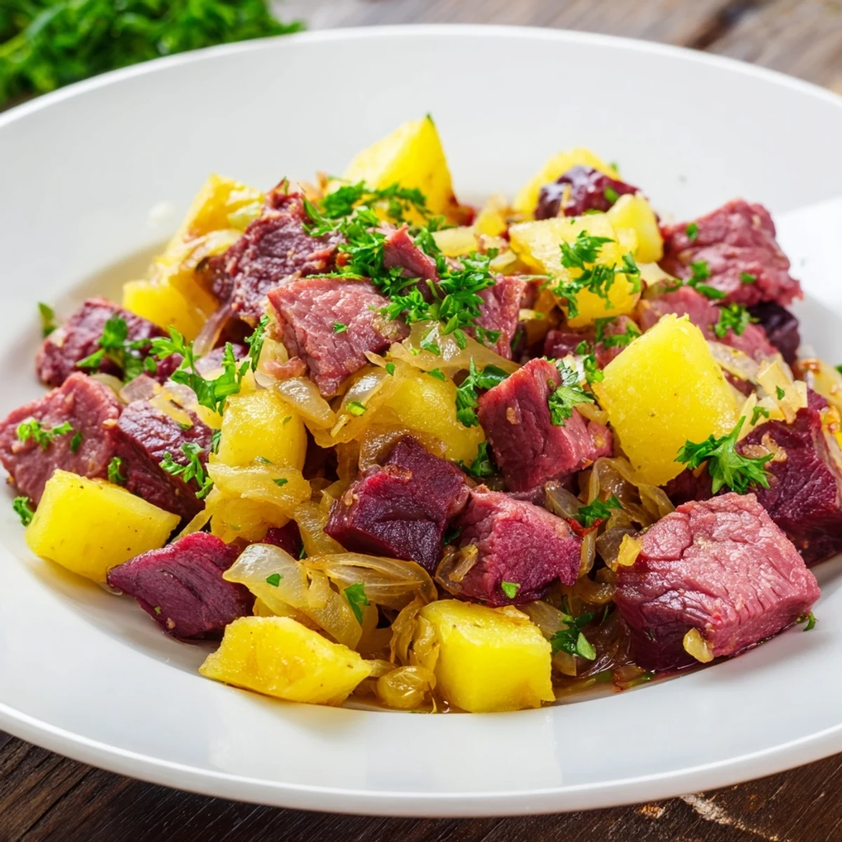 A close-up of golden crispy corned beef hash with sautéed onions and fresh parsley, served beside hot sauce and eggs.