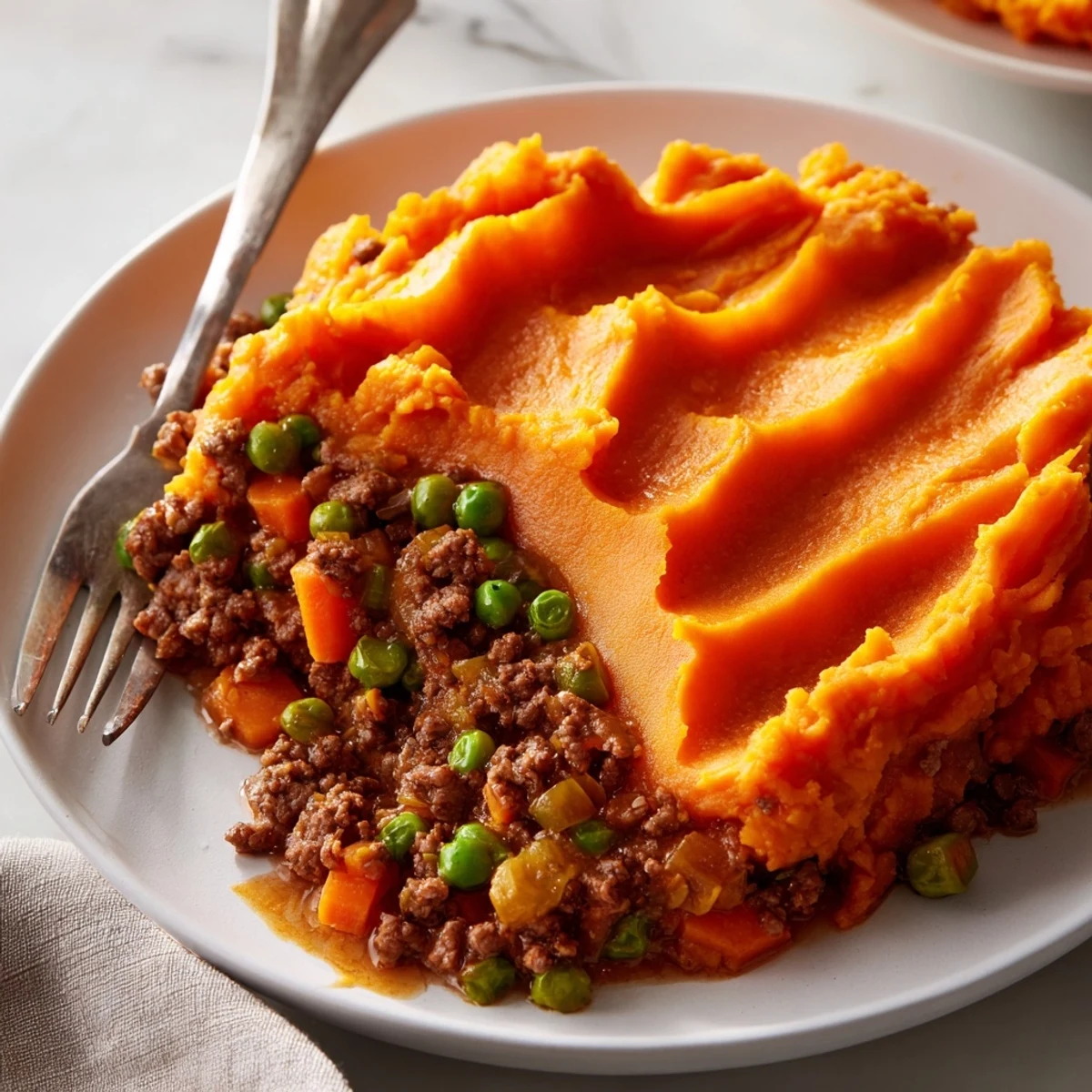 Golden, baked Beef Shepherds Pie with Sweet Potato Mash, served bubbling from the oven in a casserole dish.