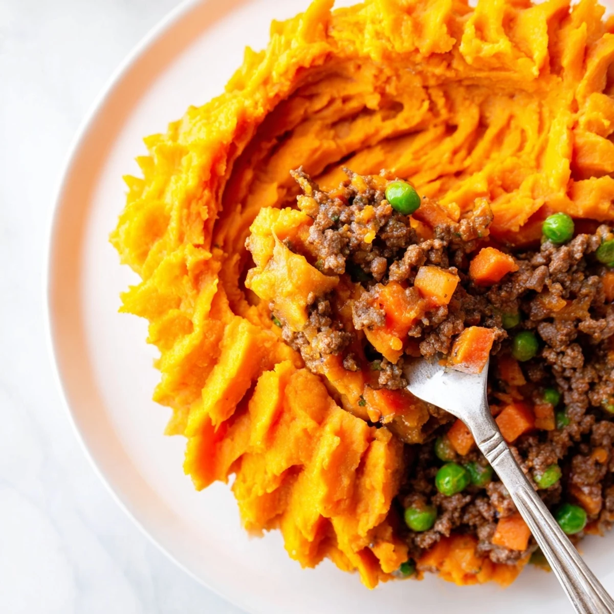 Comforting Beef Shepherds Pie with Sweet Potato Mash, showing fluffy orange mash and rich beef filling with peas.