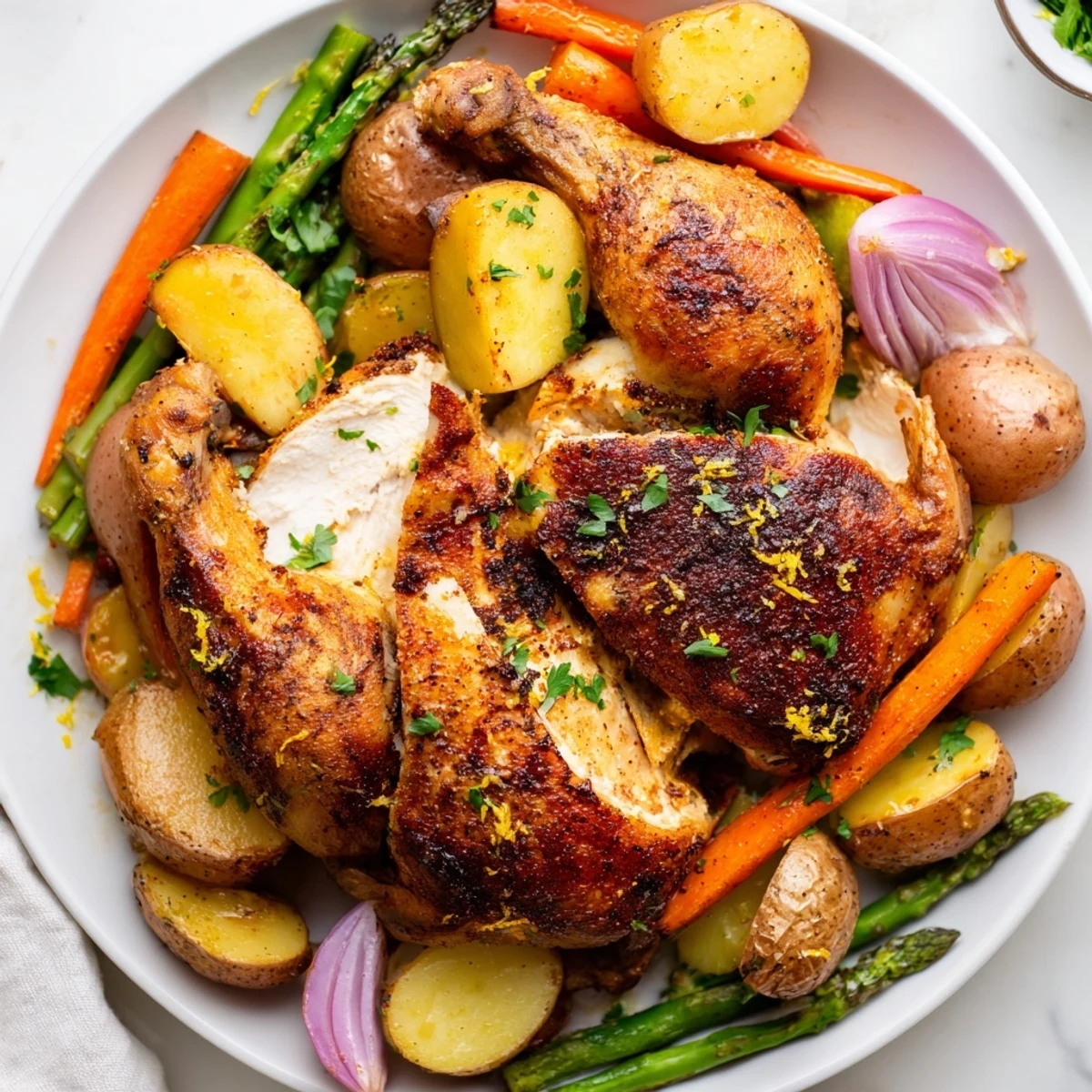 A beautifully golden Roasted Chicken with Spring Vegetables and Herbs sits in a rustic pan, garnished with fresh parsley and lemon zest.