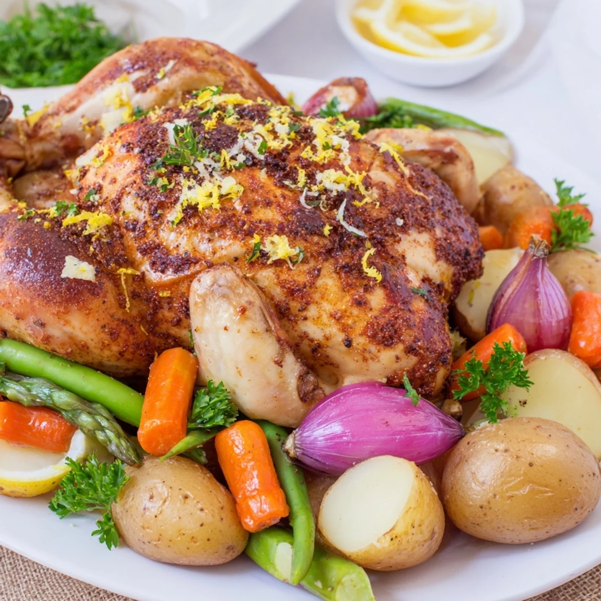 Close-up of Roasted Chicken with Spring Vegetables and Herbs showing juicy meat and roasted baby potatoes on a wooden table.