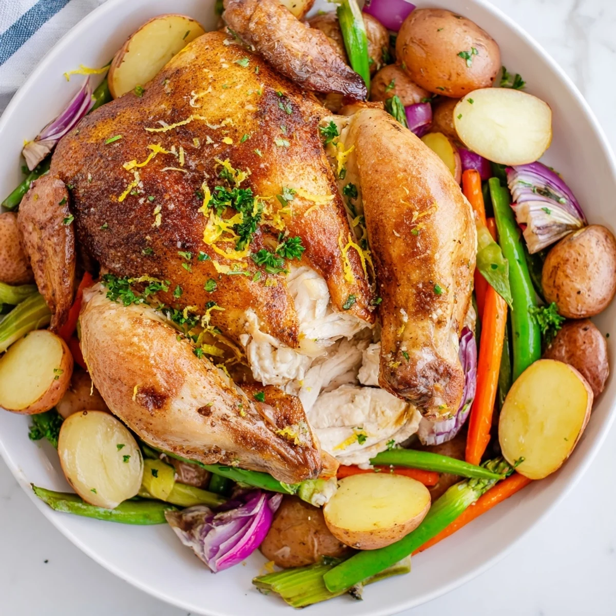 The crispy skin of Roasted Chicken with Spring Vegetables and Herbs highlights tender asparagus and carrots on a vibrant platter.
