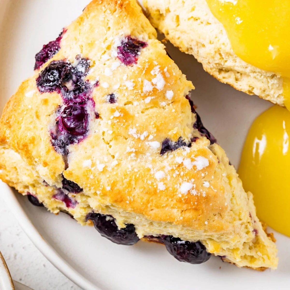 Freshly baked Lemon Blueberry Scones with Lemon Curd on a white plate, drizzled with glaze, perfect for a cozy breakfast.