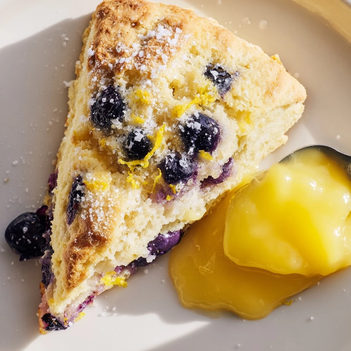 Warm Lemon Blueberry Scones with Lemon Curd served on a vintage ceramic plate, surrounded by scattered blueberries and lemon slices.