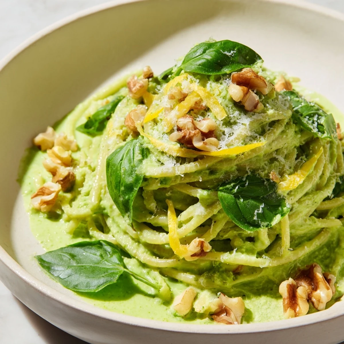 Creamy Avocado and Spinach Pasta with Walnuts topped with lemon zest and fresh basil.