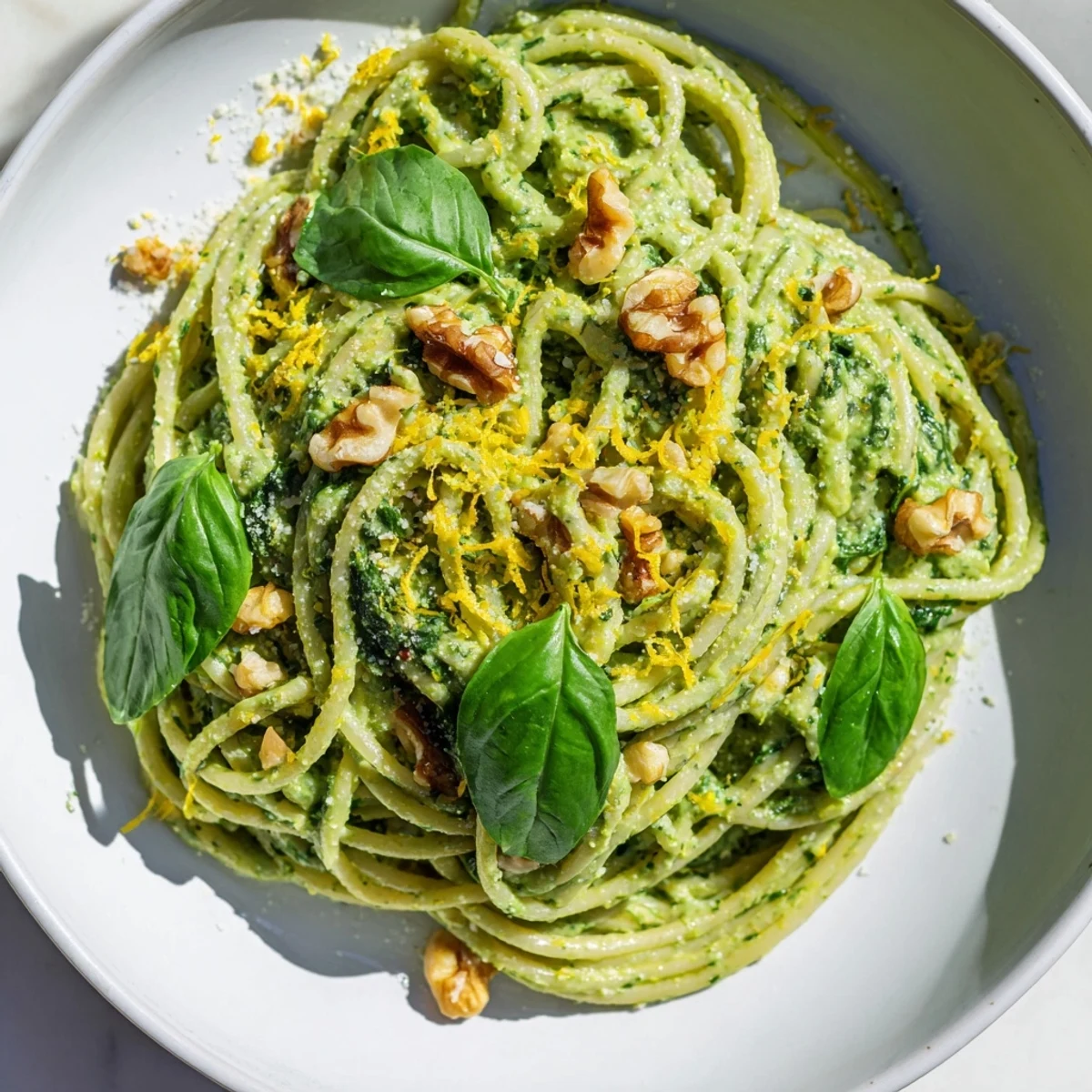 Creamy Avocado and Spinach Pasta with Walnuts tossed with toasted walnuts and vibrant green sauce.
