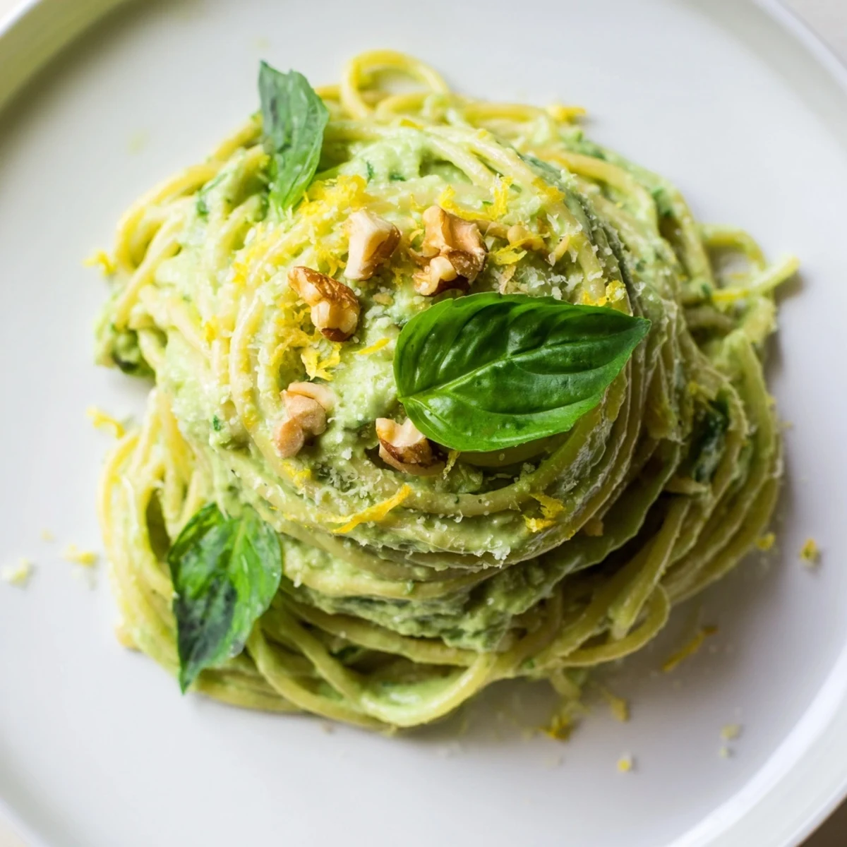 Creamy Avocado and Spinach Pasta with Walnuts in a bowl ready for a weeknight dinner.