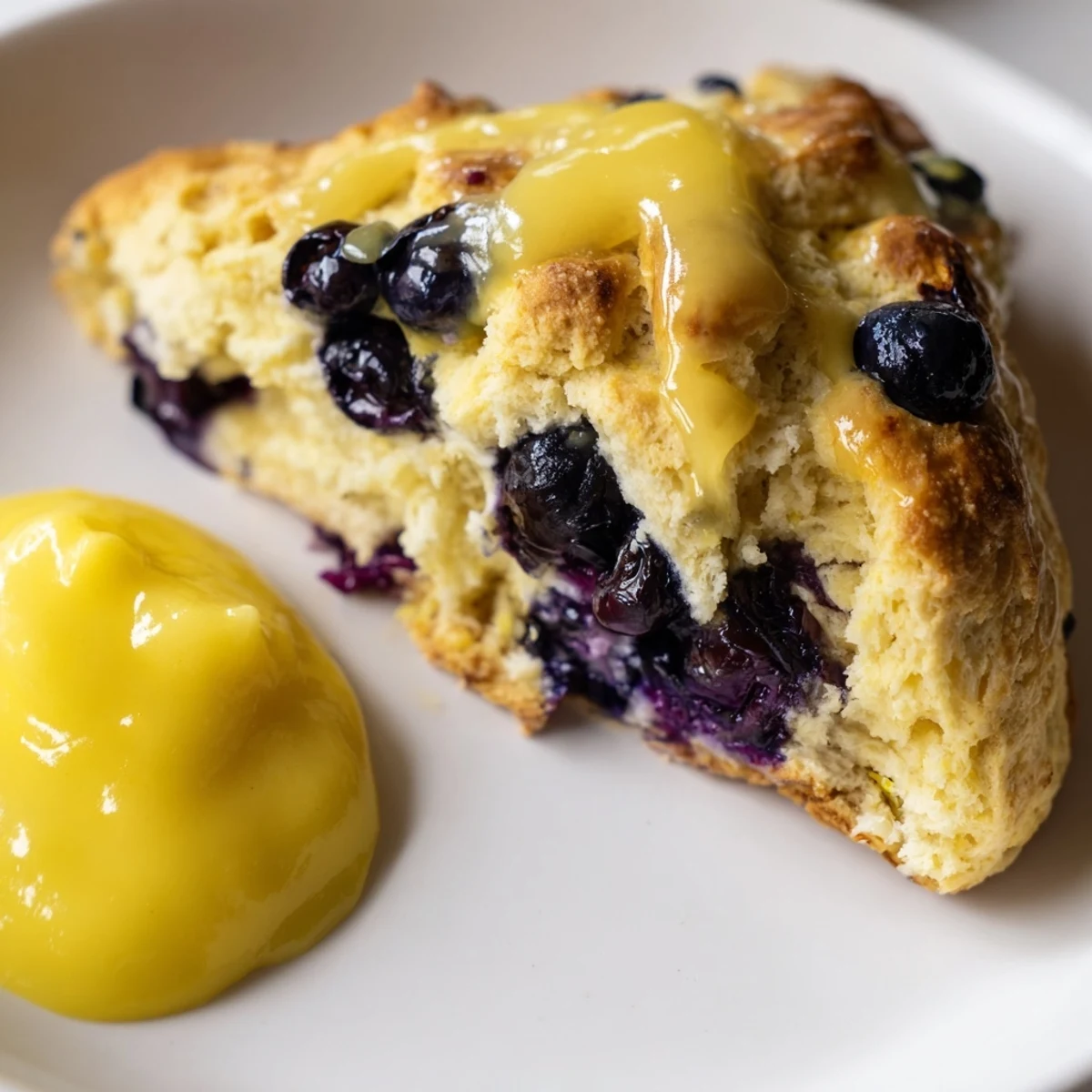 Warm Lemon Blueberry Scones with Lemon Curd stacked high, featuring juicy blueberries and bright lemon zest glaze.
