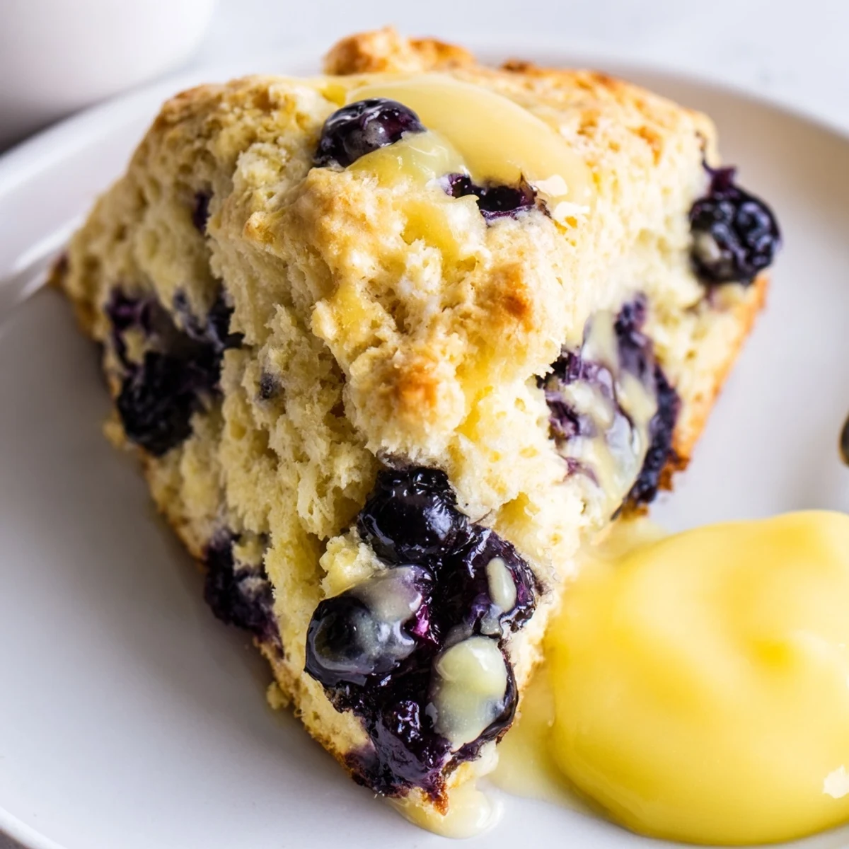 Freshly baked Lemon Blueberry Scones with Lemon Curd served on a ceramic plate with a dollop of curd.