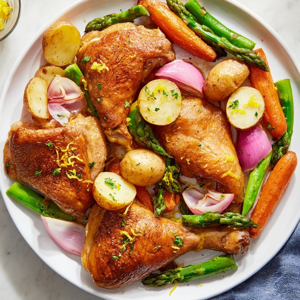 Golden brown Roasted Chicken with Spring Vegetables rests on a platter, garnished with fresh herbs and lemon zest.