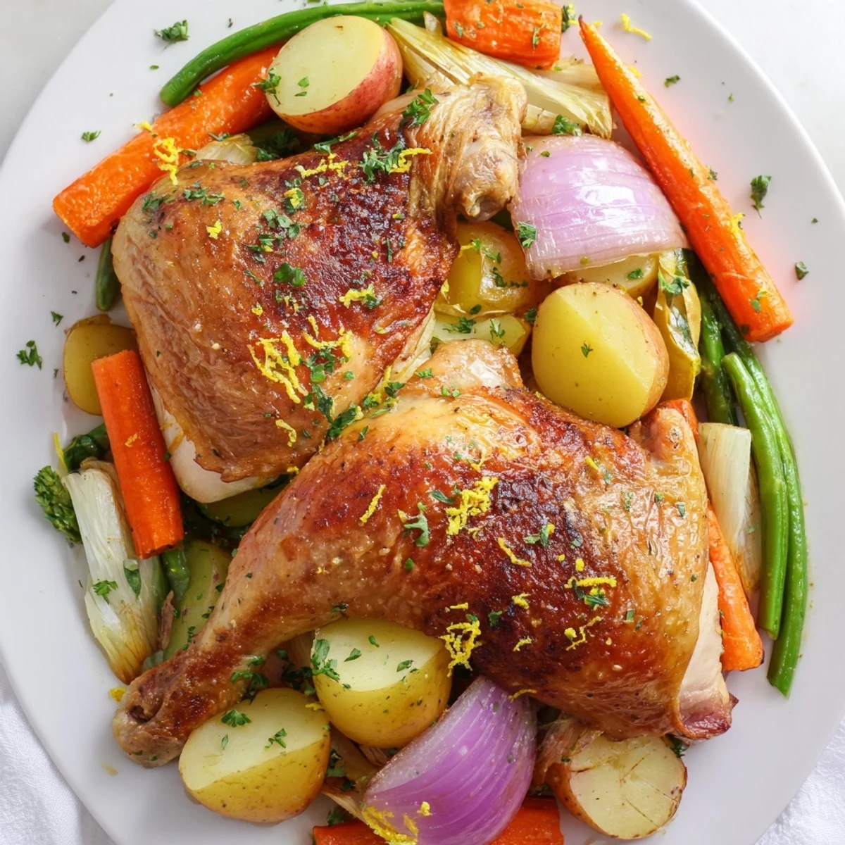 A close-up of juicy Roasted Chicken with Spring Vegetables showcases glazed carrots and crisp asparagus in the background.