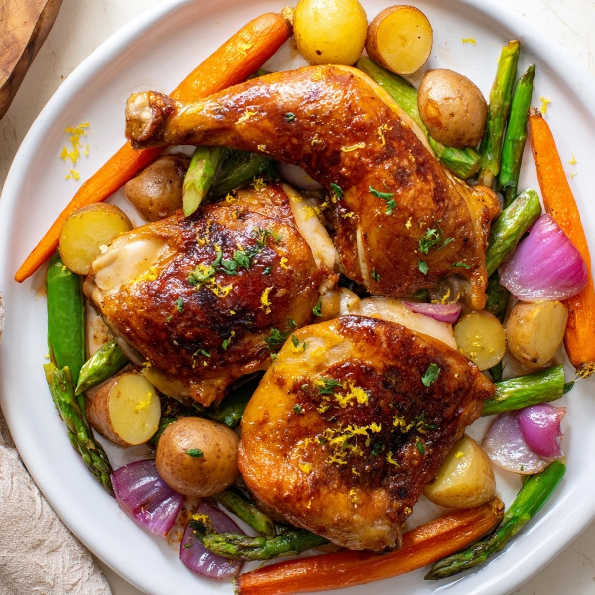 Family-style serving of Roasted Chicken with Spring Vegetables arranged with roasted potatoes and fennel on a rustic board.