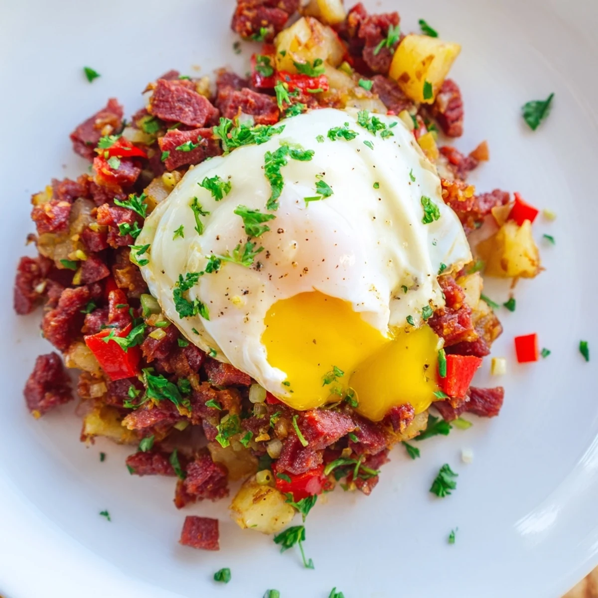 Golden-brown potatoes and onions sizzle in the skillet before breakfast plating.