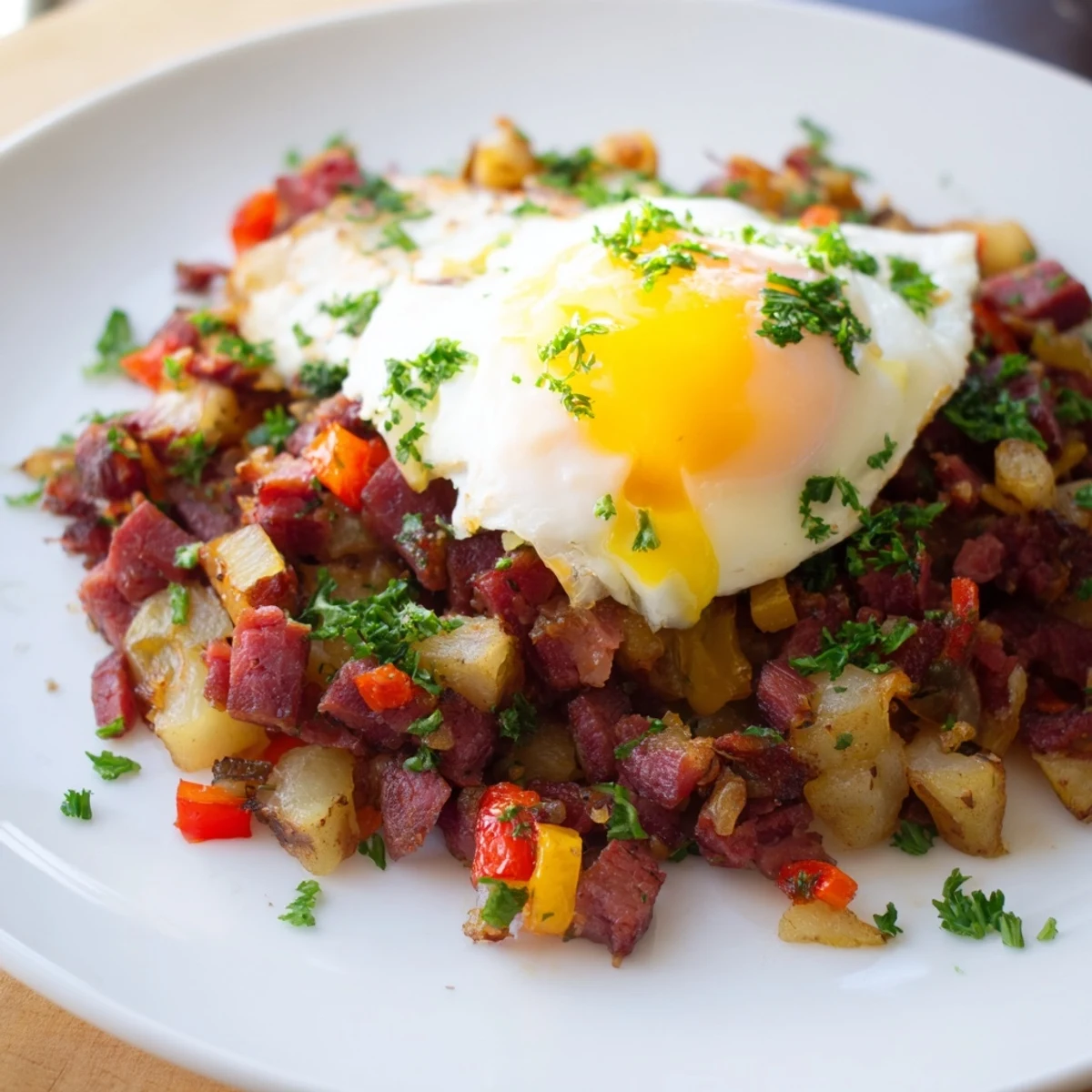 Crispy corned beef hash topped with a perfectly poached egg with a runny yolk.