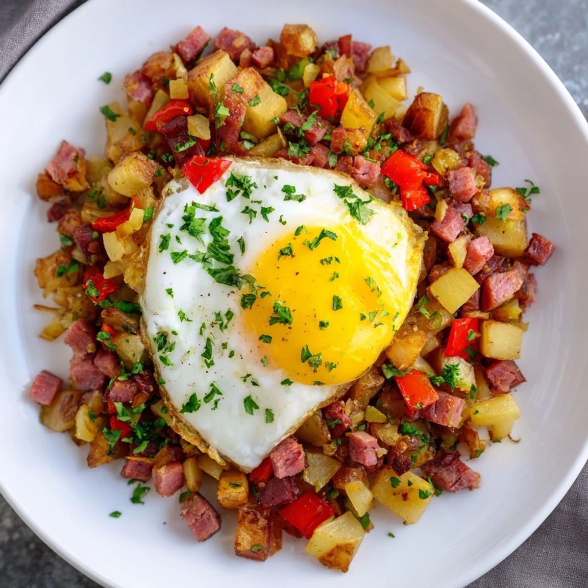 Savory brunch staple served hot, garnished with fresh parsley and black pepper.