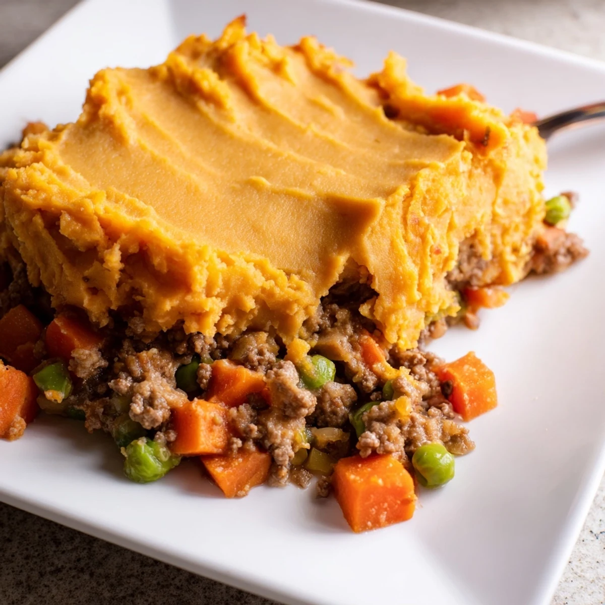 A close-up of Beef Shepherds Pie with Sweet Potato Topping, featuring golden, fork-crested mash over a rich beef and vegetable filling in a ceramic dish.