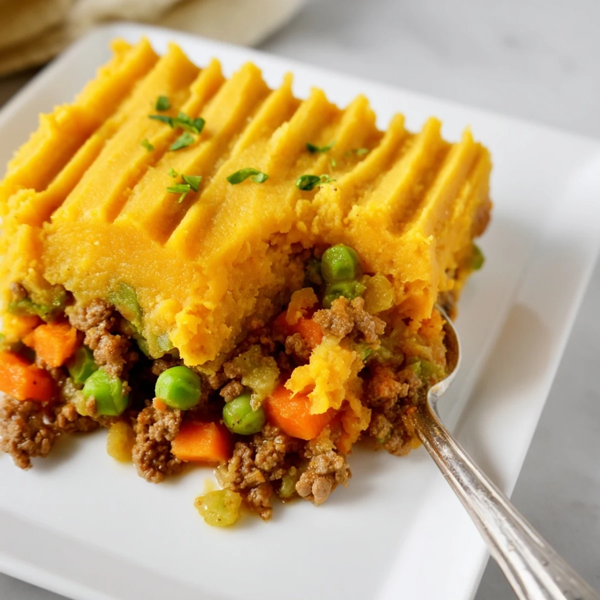 A hearty slice of Beef Shepherds Pie with Sweet Potato Topping on a plate beside a fresh green salad, perfect for a comforting dinner.