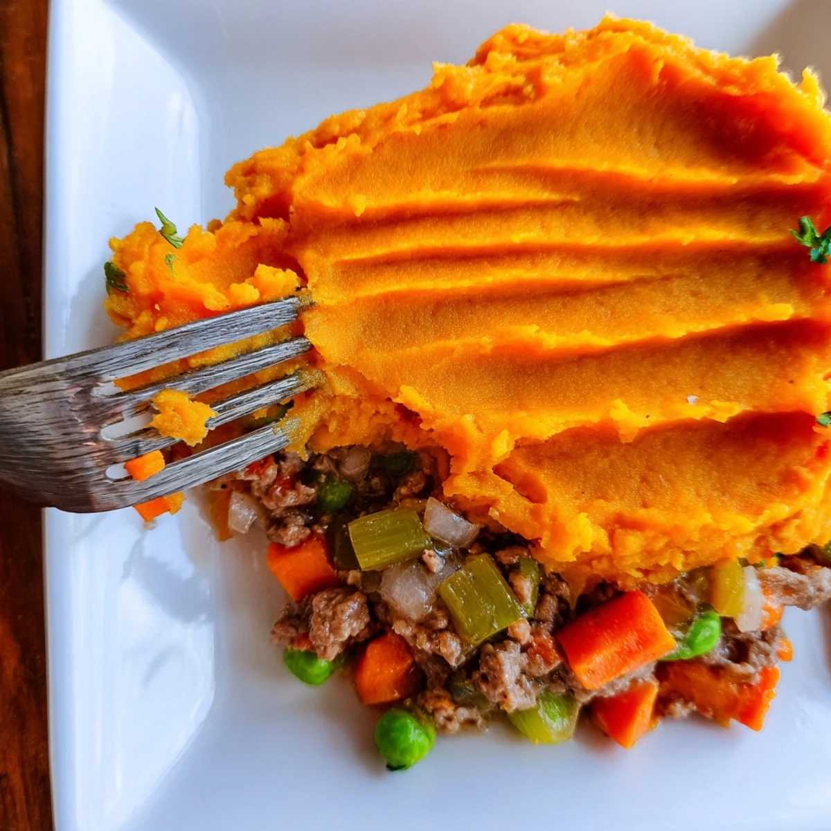 Fresh thyme garnishes the bubbling Beef Shepherds Pie with Sweet Potato Topping, showcasing the vibrant orange mash and savory beef filling in a baking dish.
