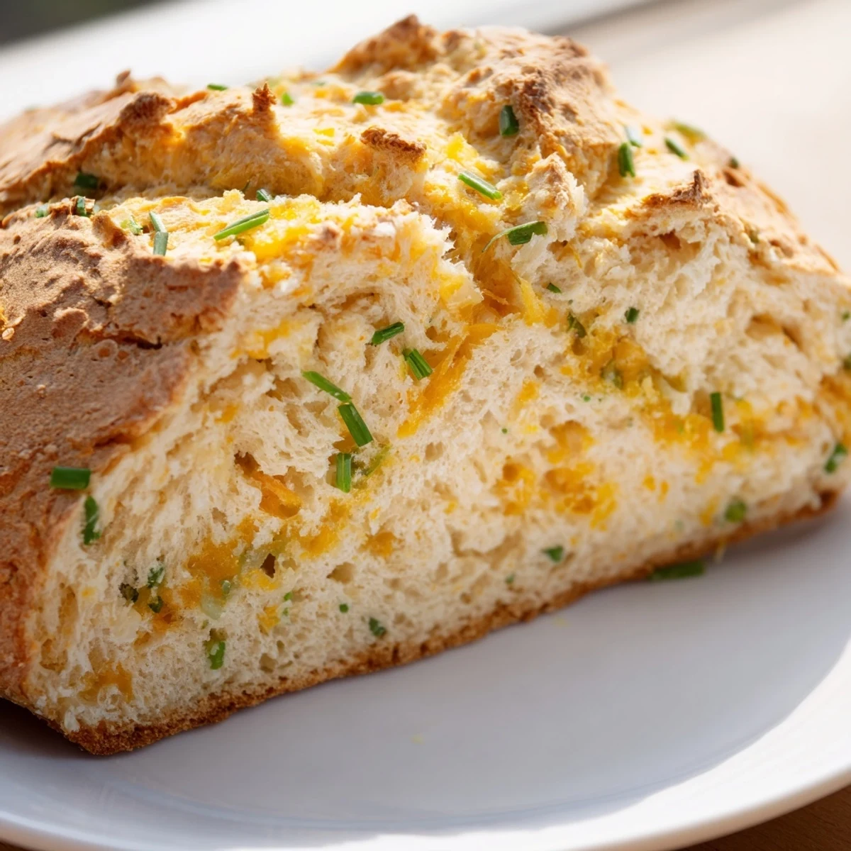 A close-up slice of Savory Cheddar & Chive Irish Soda Bread reveals a tender, cheesy crumb flecked with green herbs.