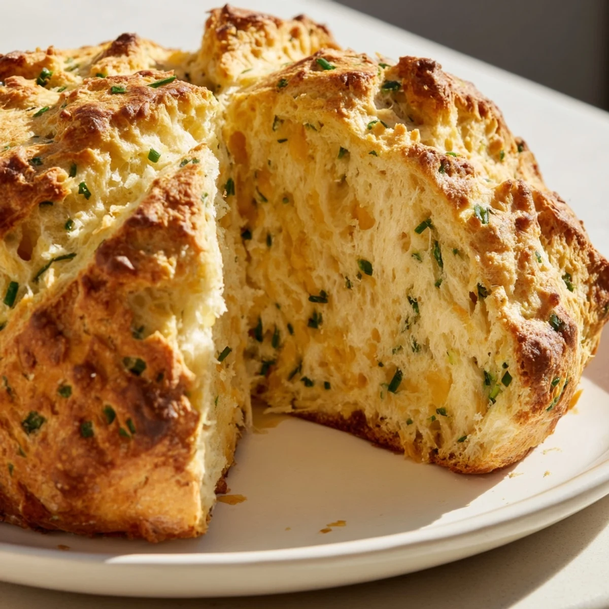 Freshly baked Savory Cheddar & Chive Irish Soda Bread rests on a wooden board, its golden crust crackling slightly.