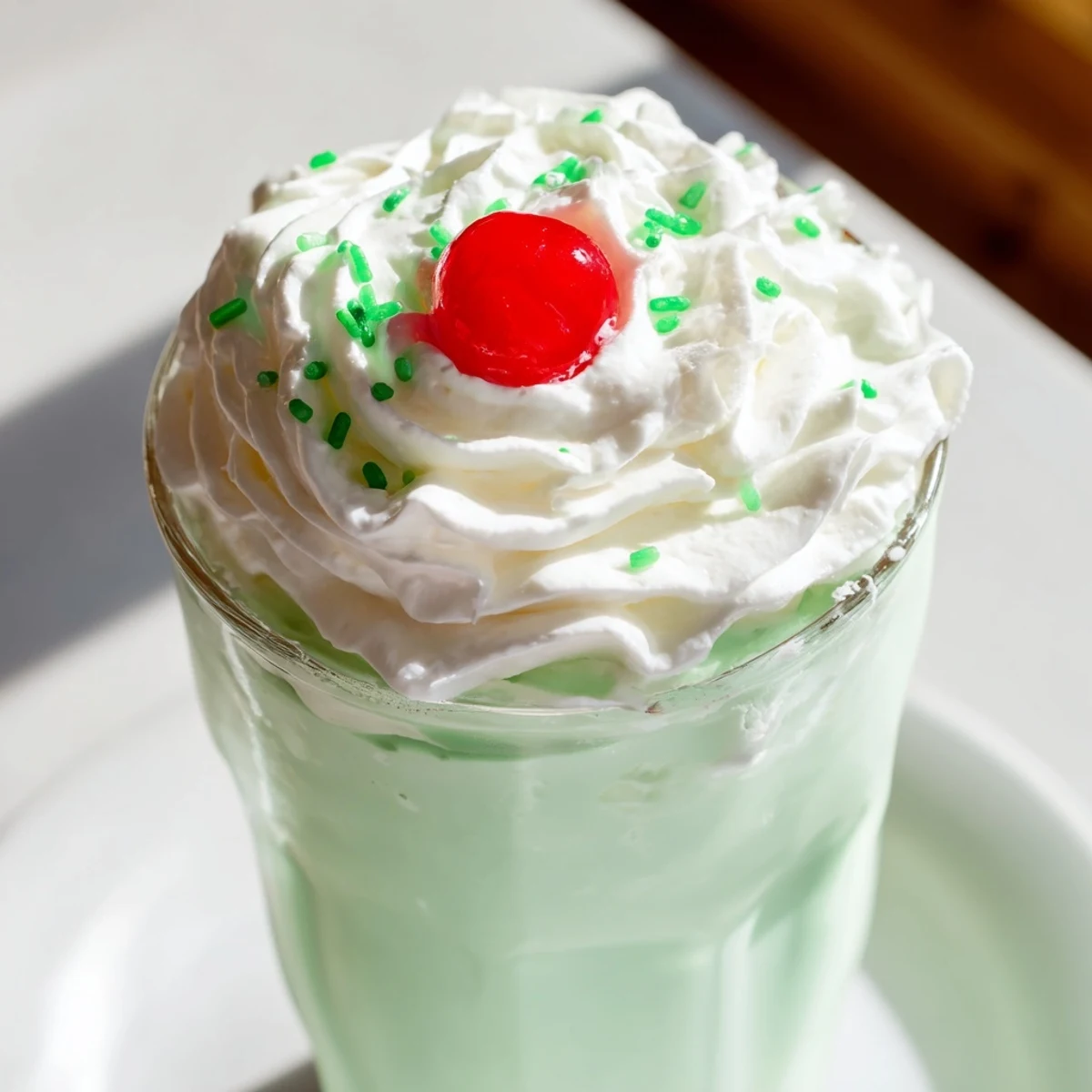 Homemade Copycat Shamrock Shake with whipped cream and green sprinkles in a glass.