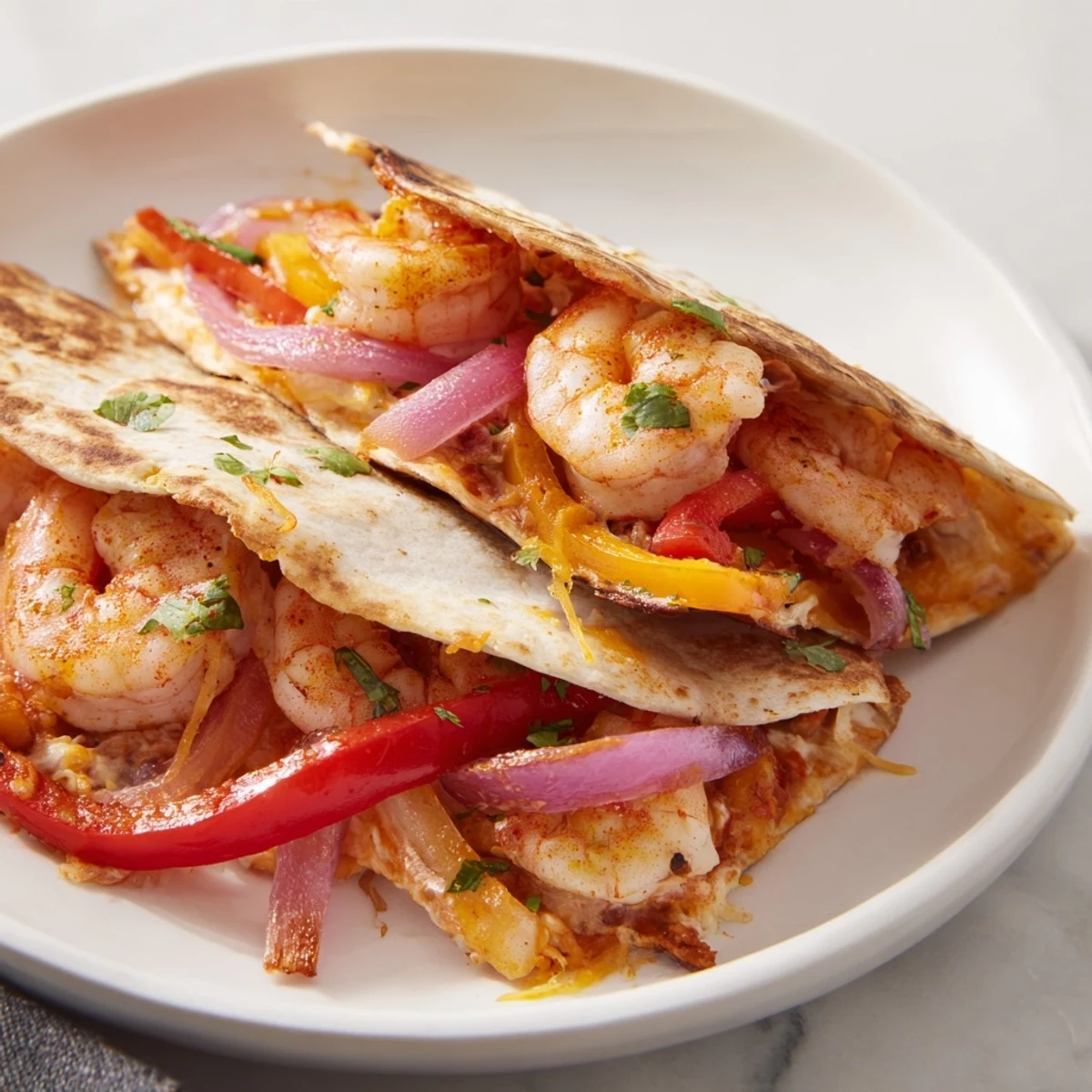 Golden-baked Shrimp Fajita Sheet Pan Quesadillas filled with juicy shrimp, peppers, and melty cheese, served on a wooden cutting board with lime wedges.