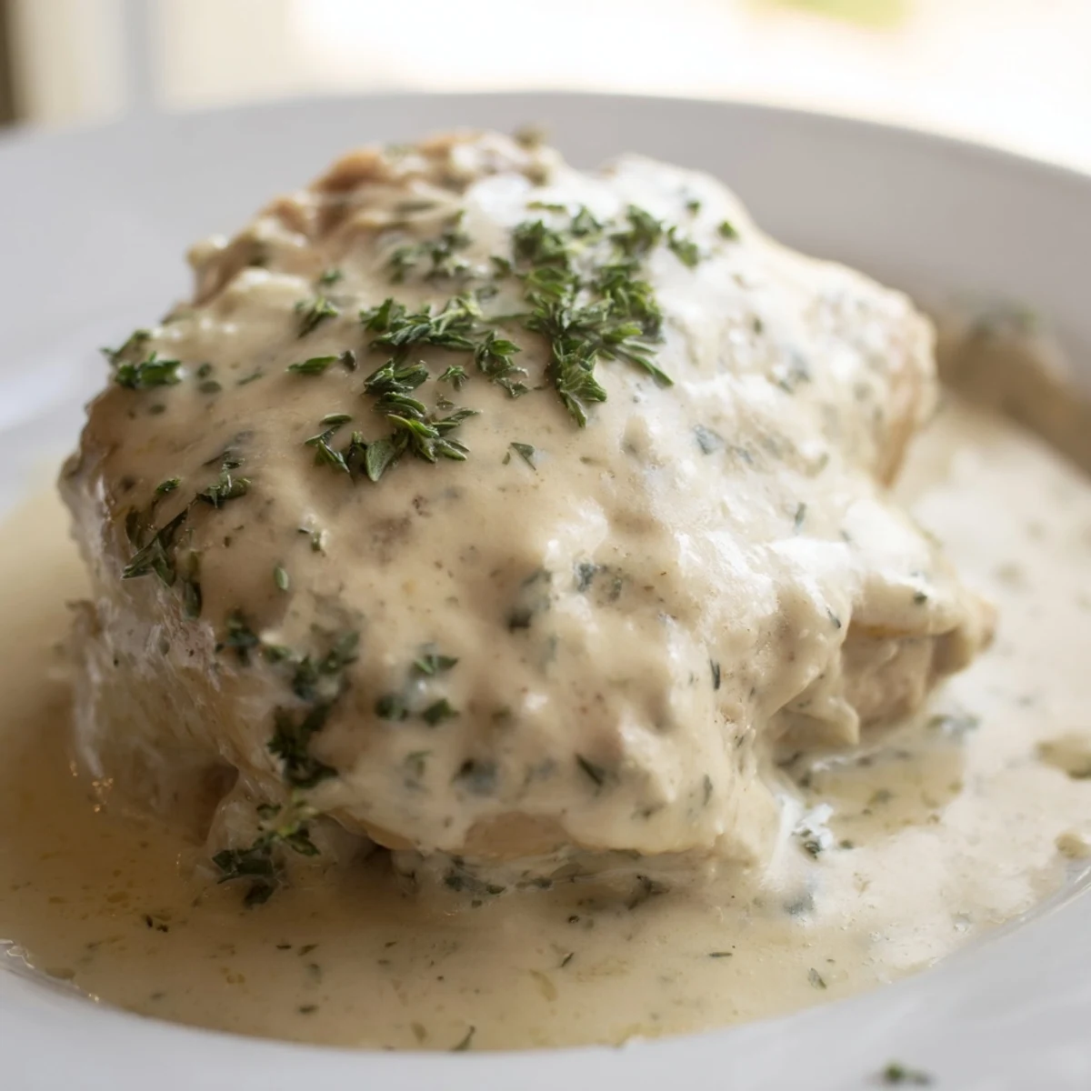 Creamy Boursin Chicken breasts served on a plate with mashed potatoes and green beans, garnished with fresh parsley.