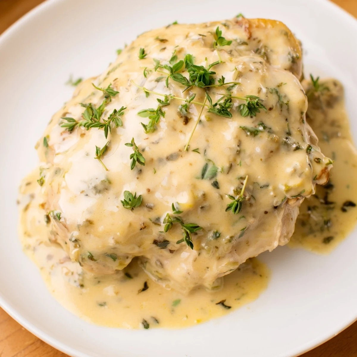 Tender golden-brown chicken simmering in a luscious garlic Boursin cheese sauce, creating a rich and comforting aroma.