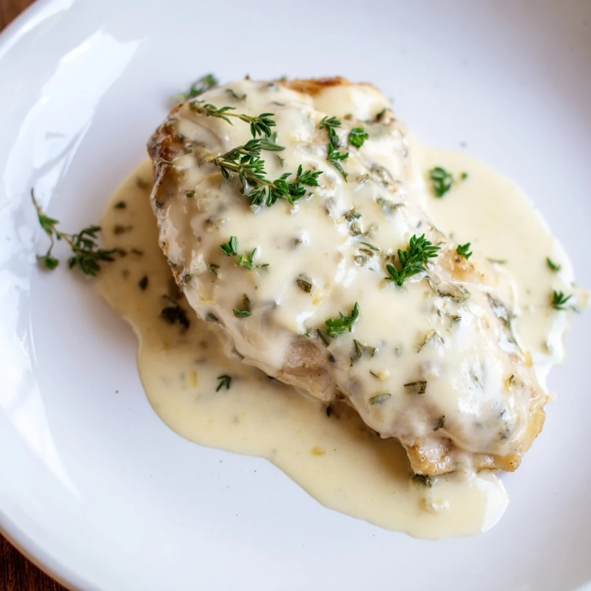 A close-up of Creamy Boursin Chicken in a skillet, featuring juicy chicken breasts coated in a velvety herb sauce.