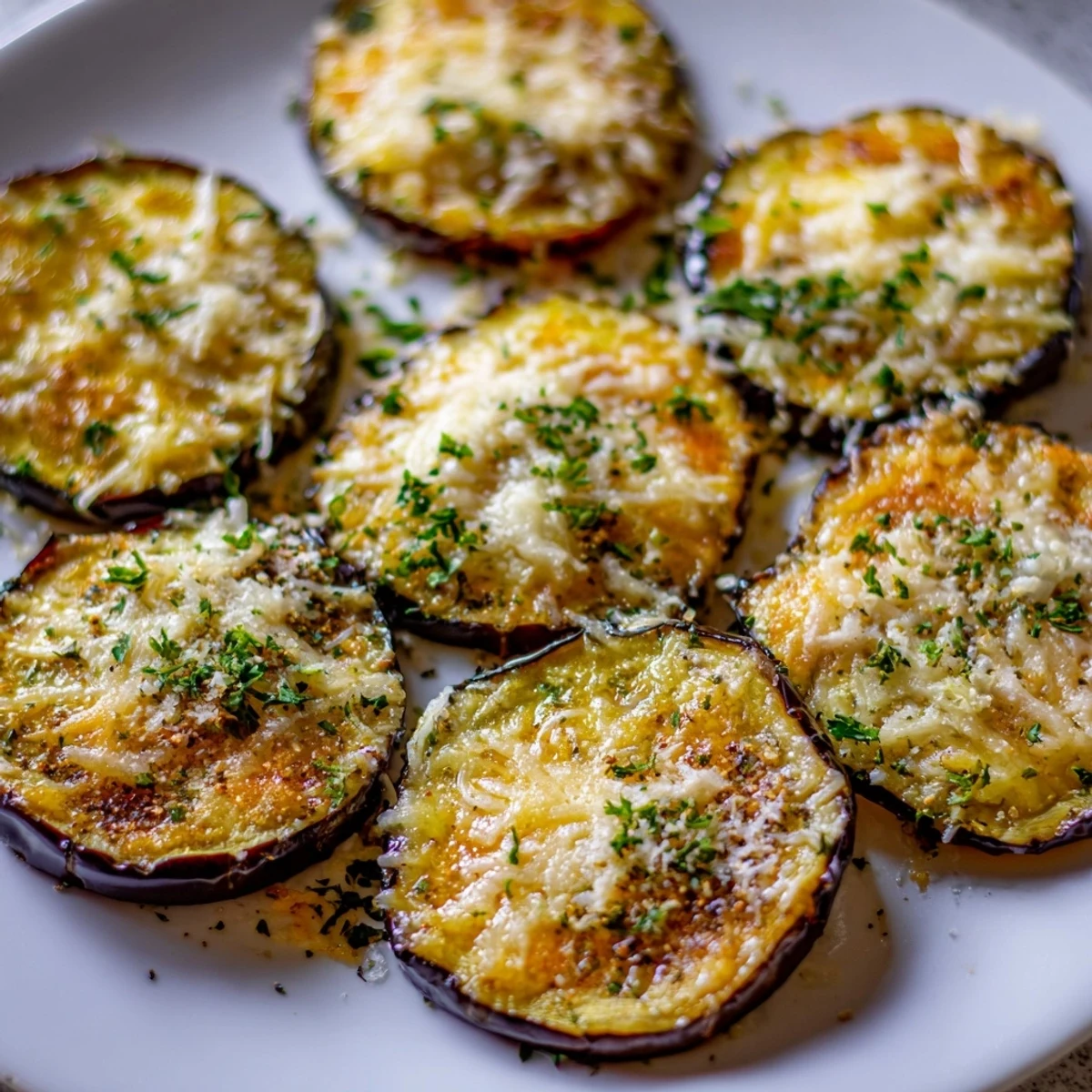 Freshly baked Mediterranean Roasted Eggplant & Parmesan Crisps served warm, highlighting their golden color and savory, herbaceous aroma.