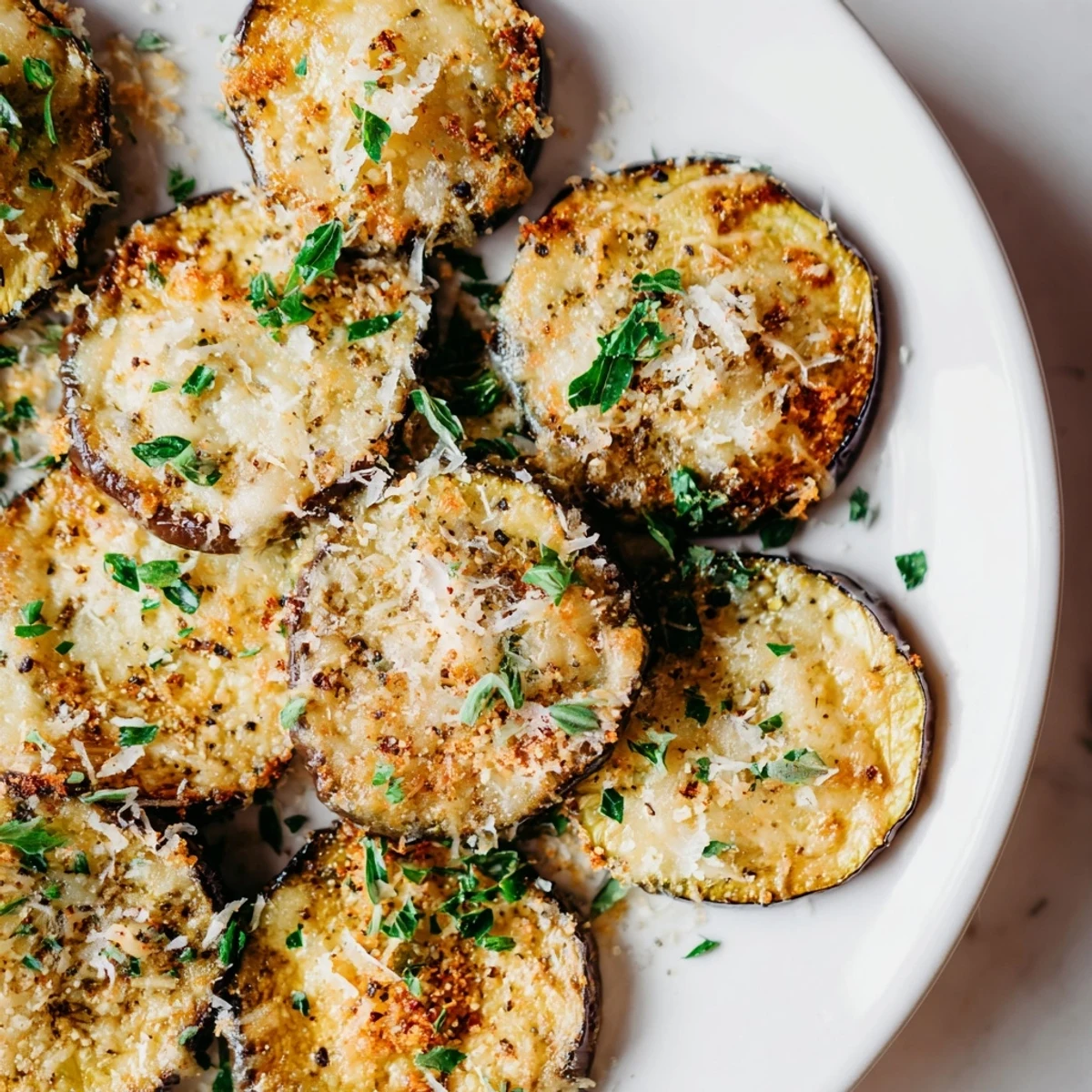 Golden roasted eggplant slices topped with melted Parmesan and Mediterranean herbs, garnished with fresh parsley and lemon wedges.