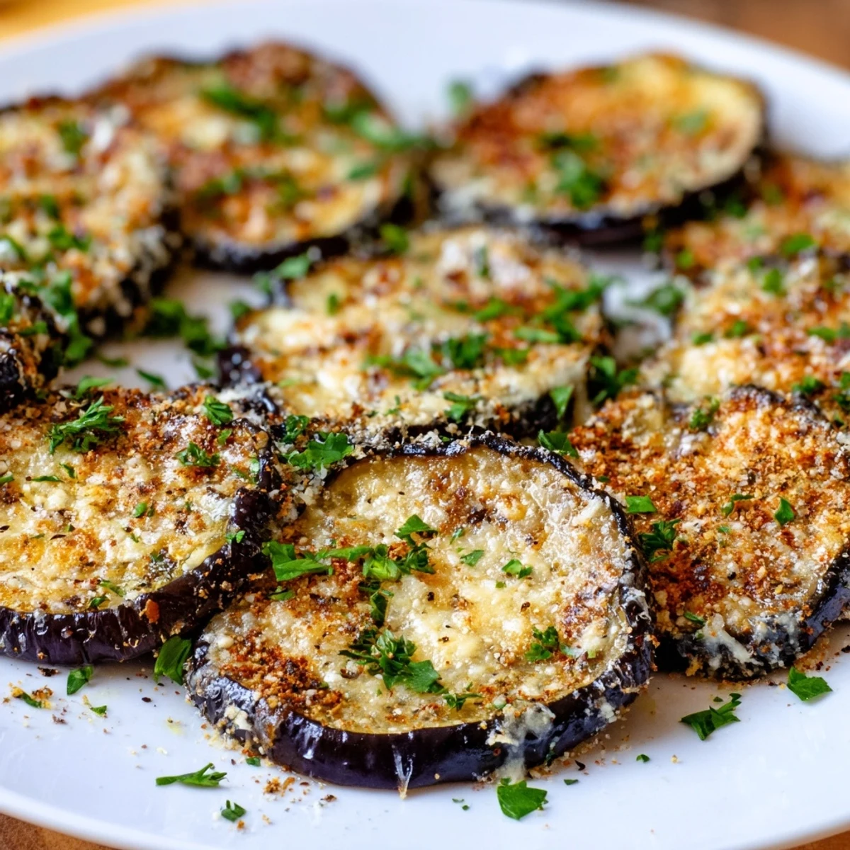 Close-up of Mediterranean Roasted Eggplant & Parmesan Crisps, showcasing bubbling cheese and crisp edges on tender eggplant rounds.