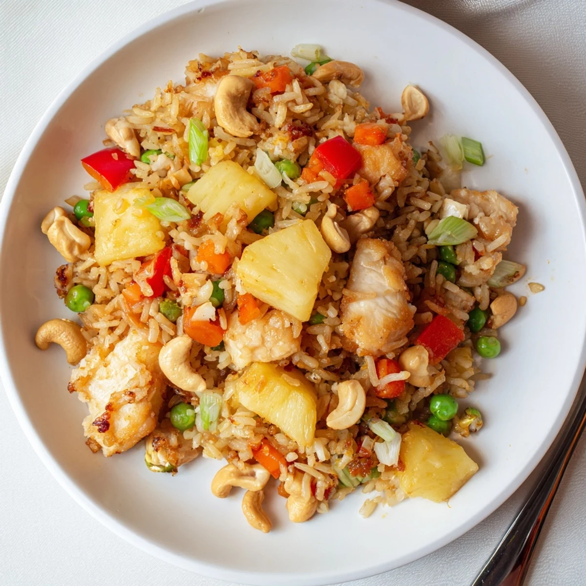Golden Pineapple Chicken Fried Rice with Cashews piled high on a white plate, garnished with lime wedges and green onions.
