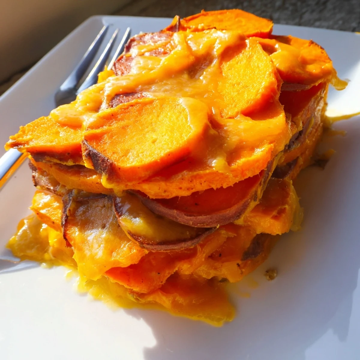 Golden baked Cheesy Sweet Potato Gratin with caramelized onions in a ceramic dish, garnished with fresh chives and ready to serve as a comforting side.